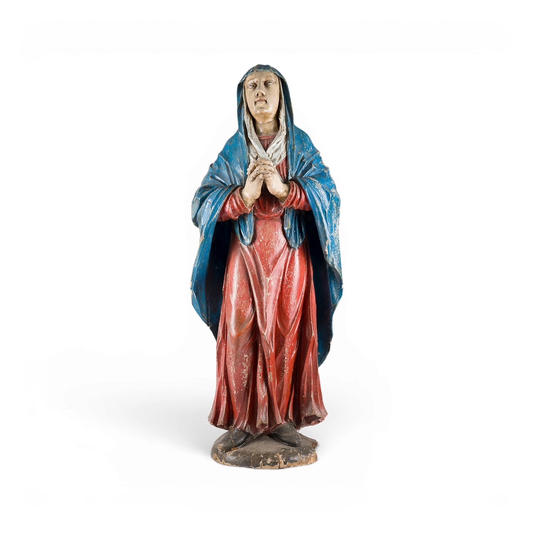 | GROSSE TRAUERNDE MARIA AUS EINER KREUZIGUNGSGRUPPE (MATER DOLOROSA): LARGE MOURNING VIRGIN FROM A CRUCIFIXION GROUP (MATER DOLOROSA) Germany or Austria, c. 1500 Limewood, carved in the round, polychrome finish; flattened and hollowed out at the back. H. 96, W. 37, D.