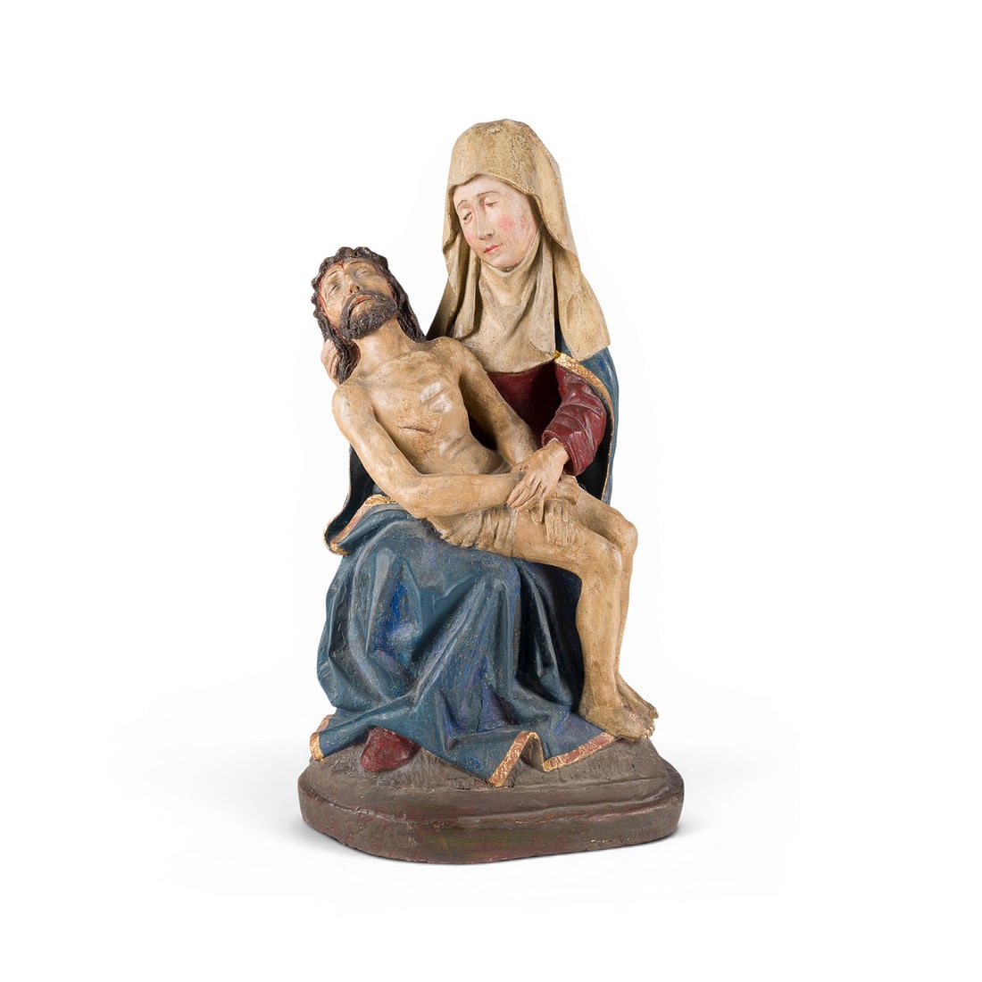 | PIETA: PIETA c. 1500 Oak, carved in the round, polychromed and gilded. H. 61, W. 30, D. 25 cm. An impressive depiction of the grieving Mother of God with the body of Christ on her lap. Mary wears a