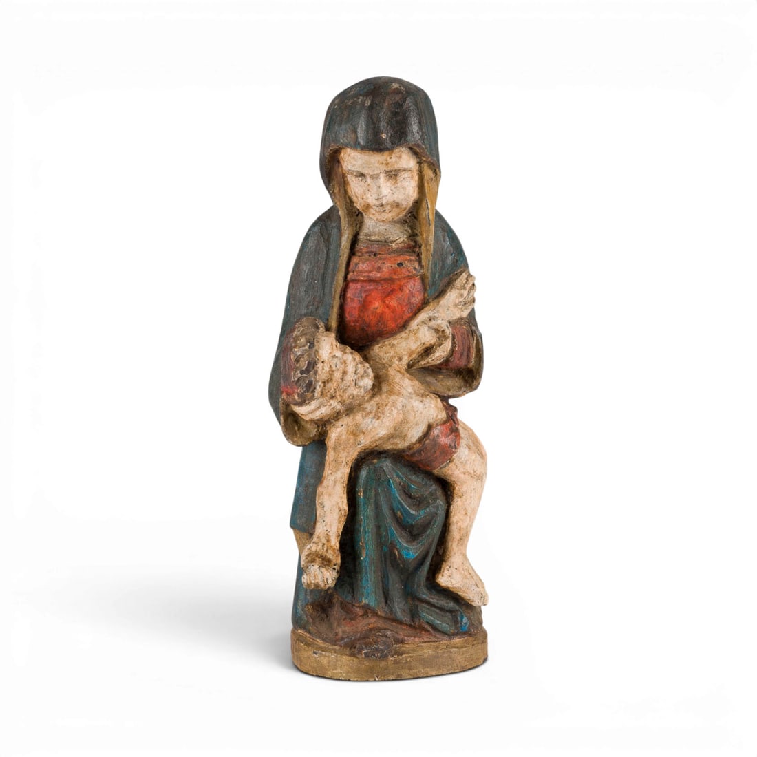 | KLEINE PIETA: SMALL PIETA Southern Germany or Eastern Europe, likely 18th century. Lindenwood, carved in the round, gessoed, polychrome finish, flattened at the back. H. 28.5, W. 11, D. 8 cm; weight approx. 0.67 kg