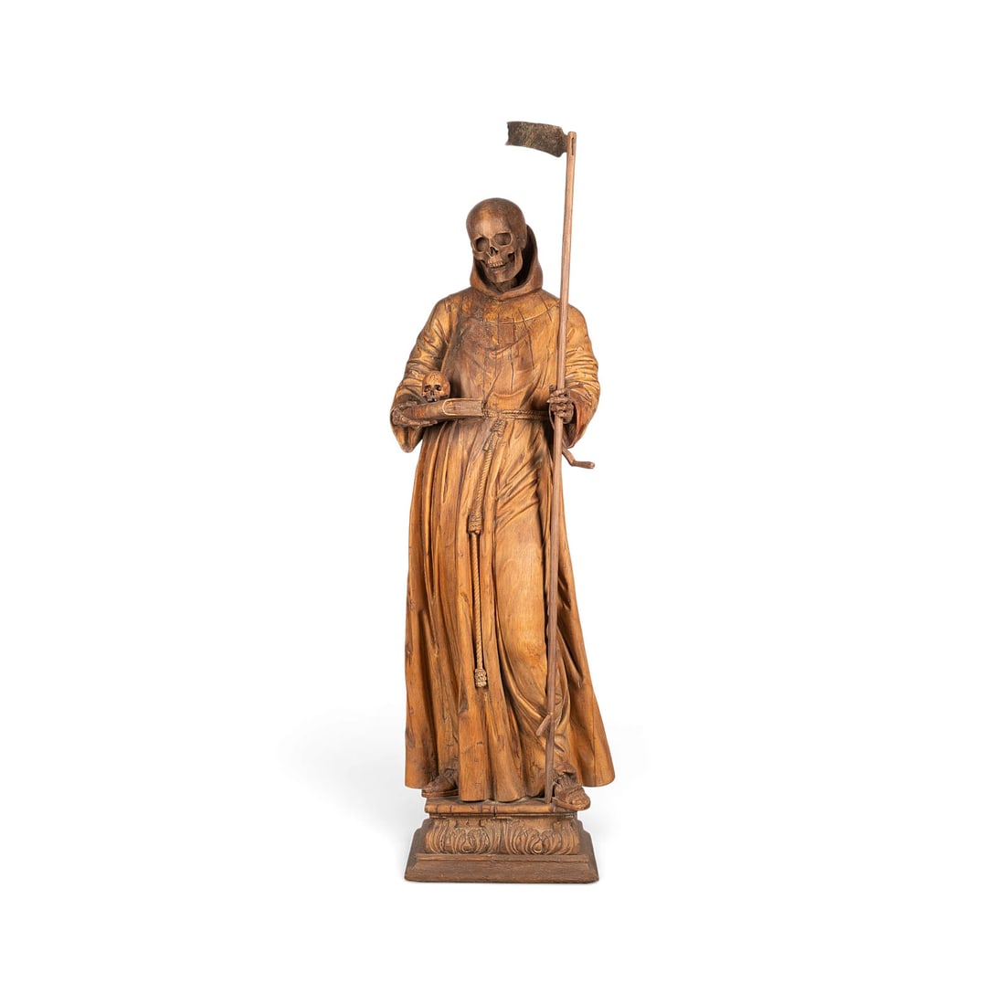 | GROSSER TOD MIT SENSE: LARGE FIGURE OF DEATH WITH SCYTHE German, 18th century Wood, carved in the round, stained, on a base; formerly hollowed out. H. 152, W. 45, D. 30 cm. Standing figure of Death personified, clad in long