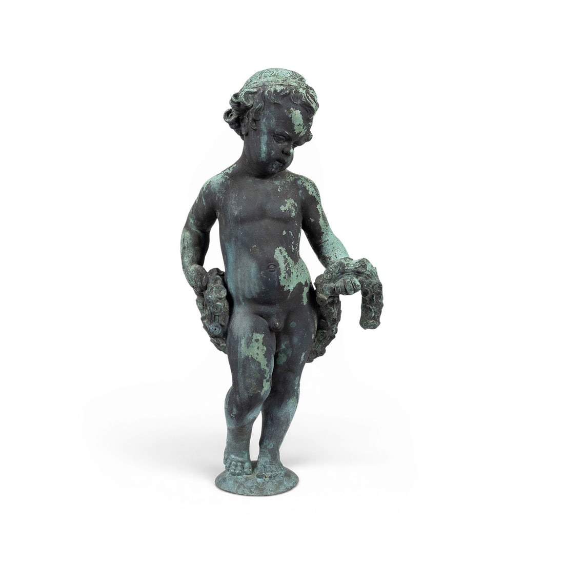 | STEHENDER PUTTO MIT BLUeTENGIRLANDE: STANDING PUTTO WITH A GARLAND OF FLOWERS 19th/20th century Bronze, dark patina. H. 79, W. 41, D. 26 cm. Fully modeled figure of a standing, nude putto with a slightly inclined head and curly hair. He