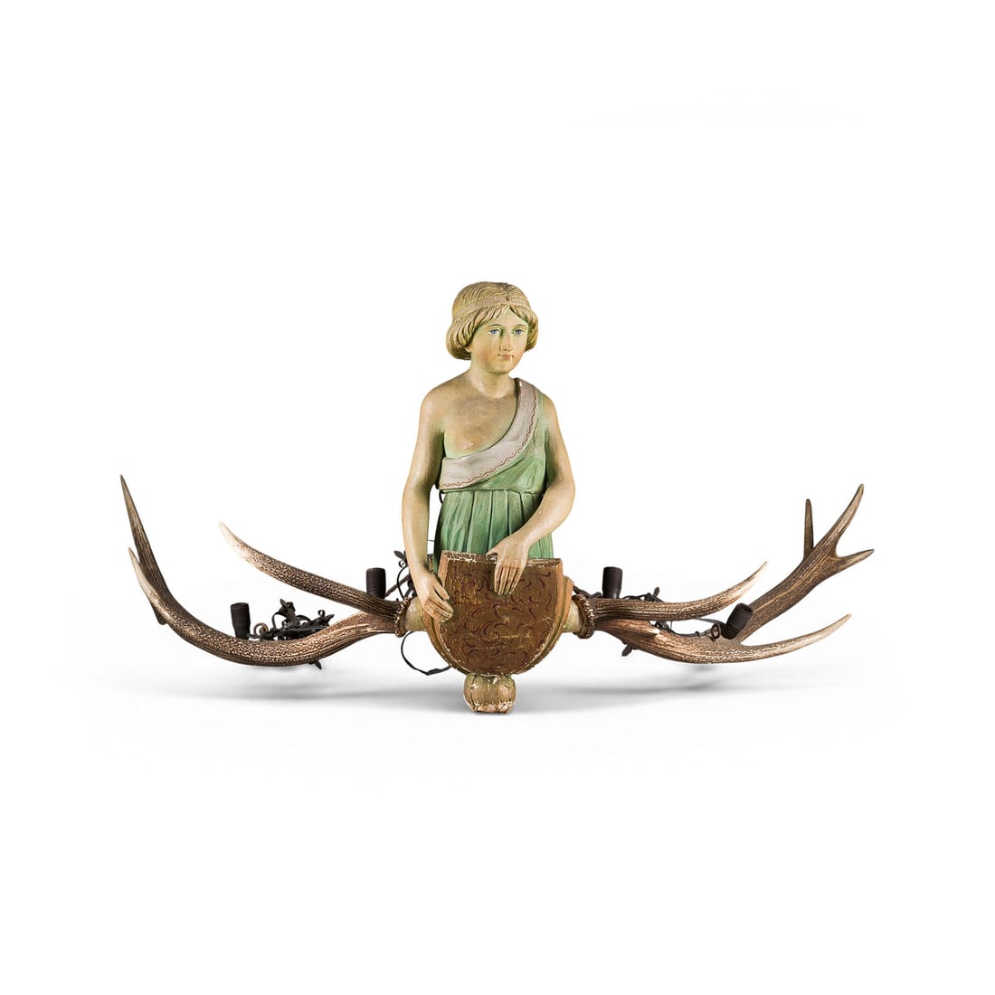 | LUeSTERWEIBCHEN MIT WAPPENSCHILD: LUSTERWEIBCHEN WITH COAT OF ARMS German, 19th century Wood, sculpted, polychrome, gilded, candlestick arms made of antlers. H. 61, W. 108, D. 80 cm. Floating figure ('Luesterweibchen'), half-length fe