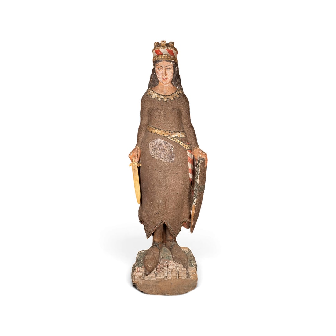 | MONUMENTALE STADTHEILIGE ('CIVITAS'): MONUMENTAL CITY SAINT ('CIVITAS') South German, second half of the 16th century. Linden wood, carved in the round, polychrome finish; body and armor studded with nails. H. approx. 192 cm, W. 62 cm, D.