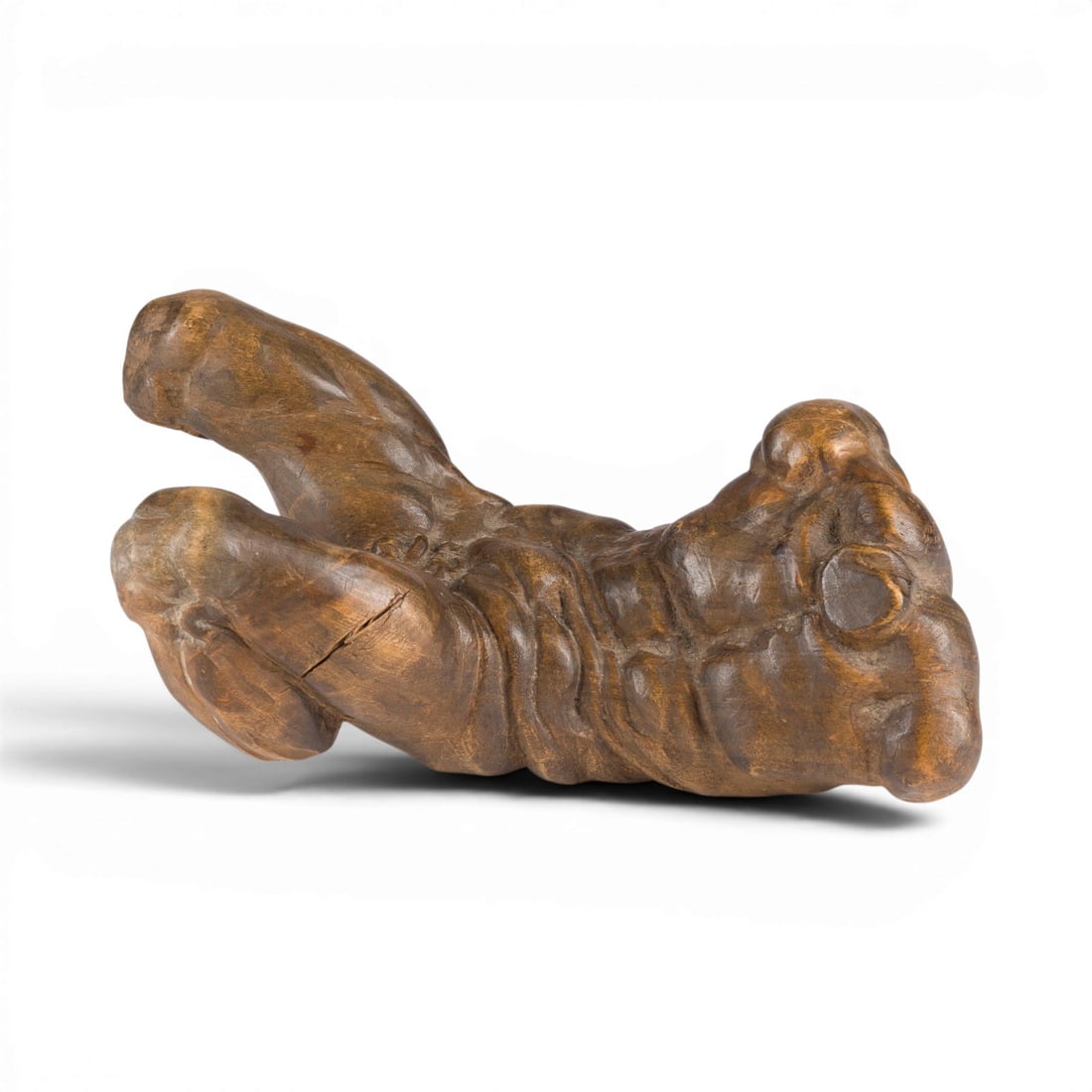 NACH MICHELANGELO BUONARROTI | FLUSSGOTT (DIO FLUVIALE): NACH MICHELANGELO BUONARROTI 1475 - 1564 FLUSSGOTT (DIO FLUVIALE) Italien oder Mitteleuropa, zweite Haelfte 18. Jh. Lindenholz, aus drei verleimten Holzbloecken vollplastisch geschnitzt. H. 24, B. 13,