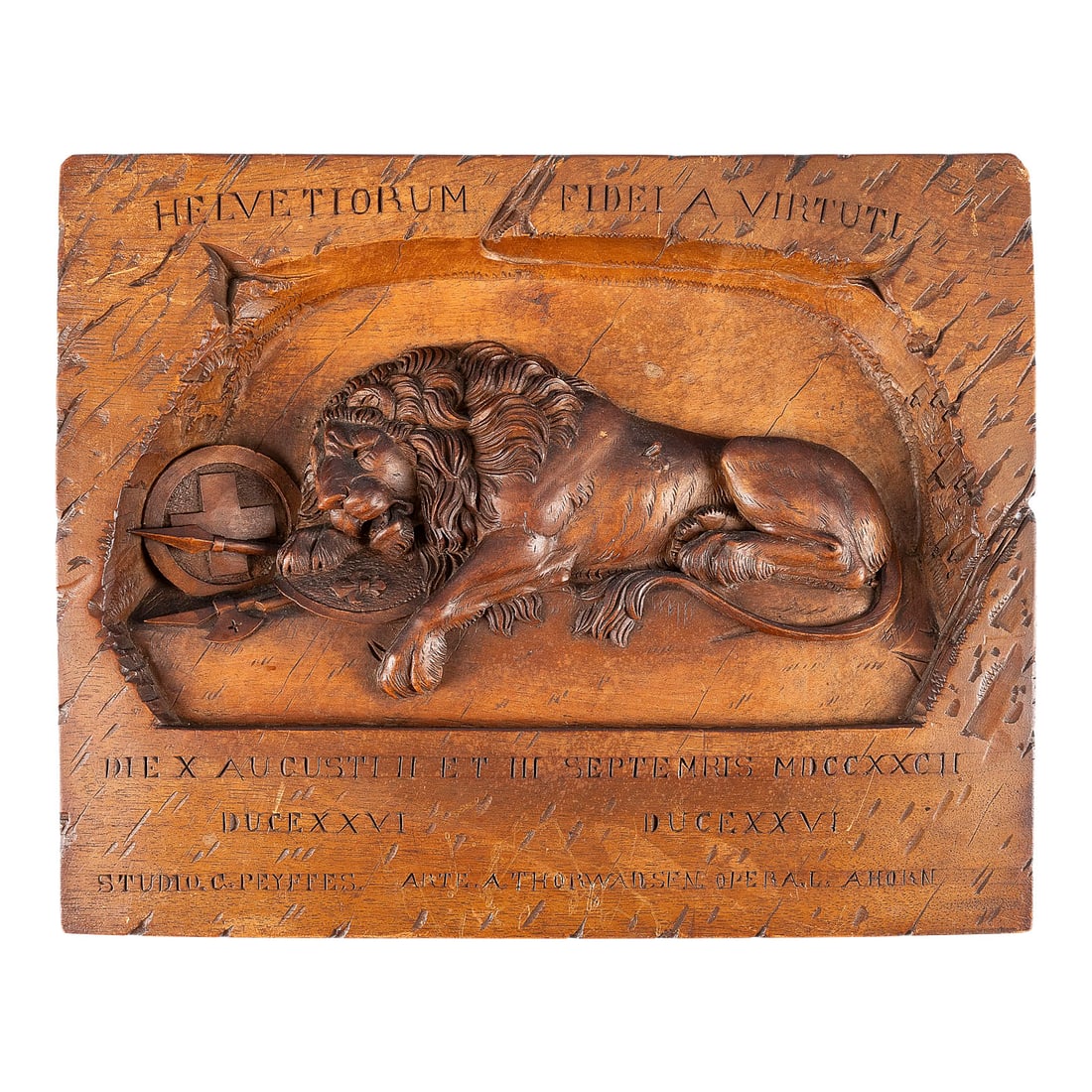 | SCHWEIZER WANDRELIEF 'LOeWE VON LUZERN': SWISS WALL RELIEF 'LION OF LUCERNE' Switzerland, Brienz or Lucerne, circa 1890 Walnut, carved in relief. H. 27.5, W. 35, D. 5 cm; weight approx. 1.29 kg. Inscribed on the front: 'HELVETIORUM FIDEI AC 