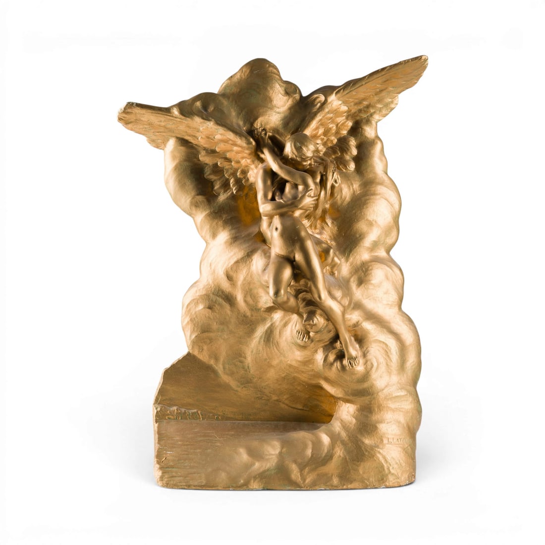 LOUIS MARIE BLAISE LATOUR | 'AMOR UND PSYCHE': LOUIS MARIE BLAISE LATOUR 1864 France - 1928 'CUPID AND PSYCHE' France, c. 1900 Electrotype?, gilded, hollow-cast reverse. H. 65, W. 48, D. 15 cm. Signed 'L. Latour' on the front (presumably Louis Lat