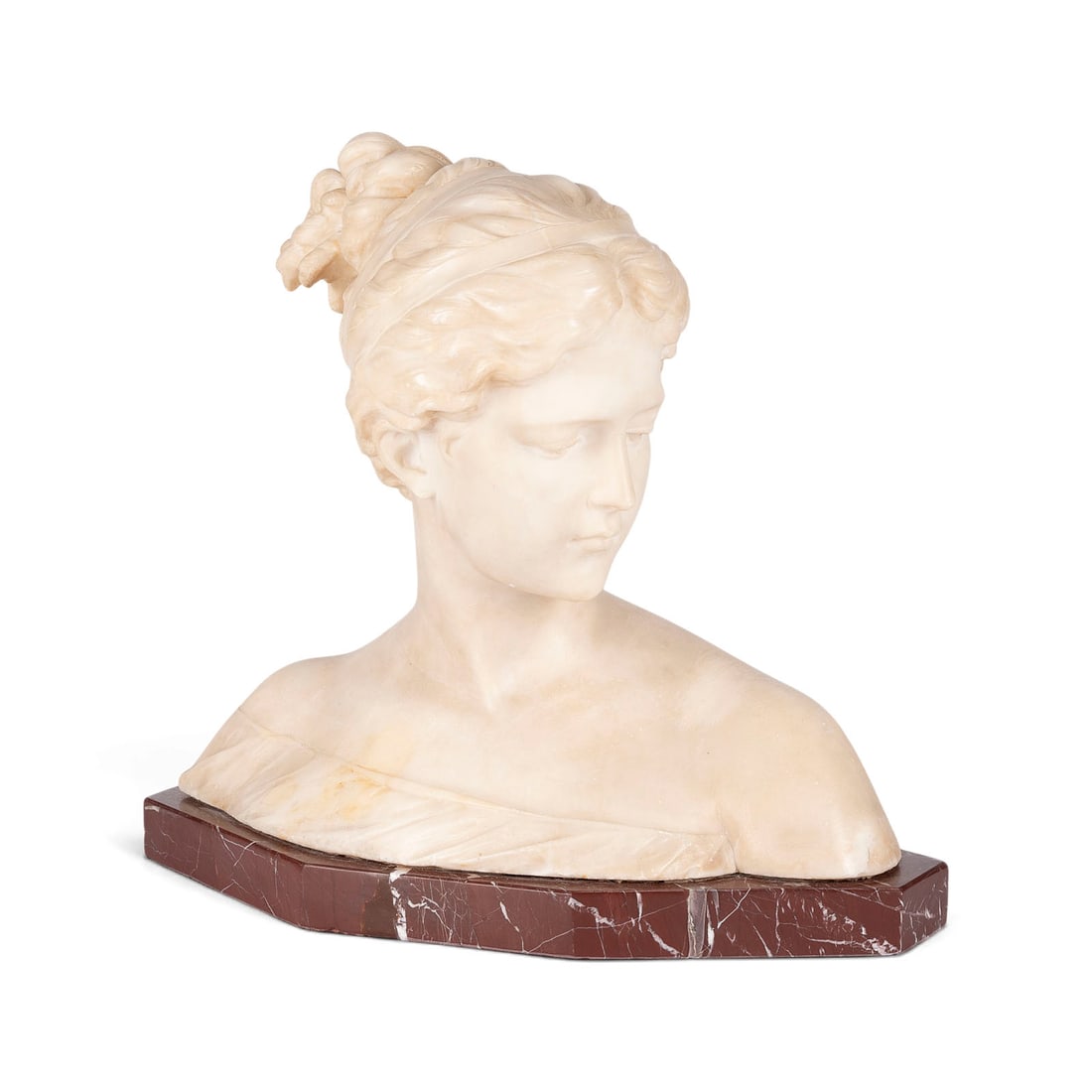 ANTONIO GARELLA | FRAUENBUeSTE 'POESIE': ANTONIO GARELLA 1864 Ferrara - 1919 Florence BUST OF A WOMAN: 'POETRY' Alabaster, on a marble base. H. 36, W. 41, D. 20 cm; weight approx. 16.3 kg. Inscribed 'Prof. Garella' on the back. Allegorical b