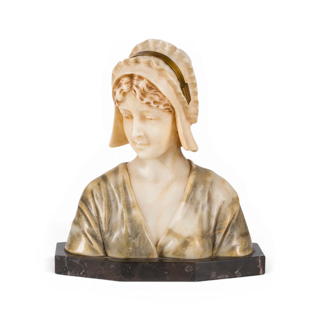 ERNST BECK | FRAUENBUeST MIT HAUBE: ERNST BECK 1879-1941 BUST OF A WOMAN WITH A CAP Marble, on an octagonal base. H. 26, W. 23.5, D. 14 cm, weight approx. ... Inscribed 'Beck' on the back; plaque missing. Finely executed bust of a young