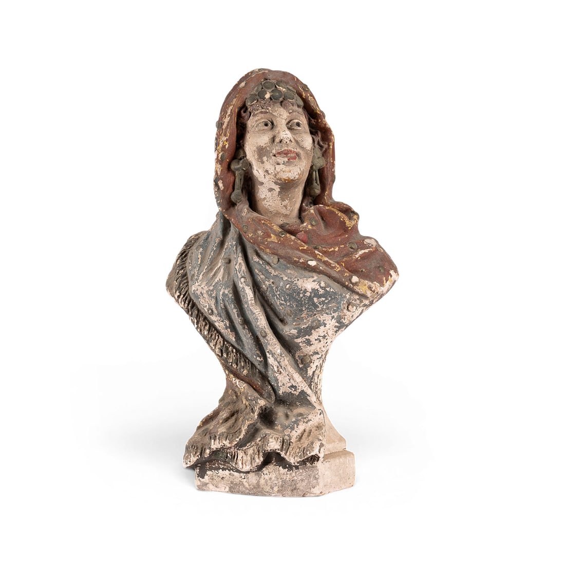 UNBEKANNTER BILDPLASTIKER | BUeSTE EINER ORIENTALIN: UNKNOWN SCULPTOR Active 19th/20th century BUST OF AN ORIENTAL WOMAN Plaster, polychrome finish. H. 38, W. 22, D. 18 cm; weight approx. 1.96 kg. Numbered '204' on the back; illegible inscription on the