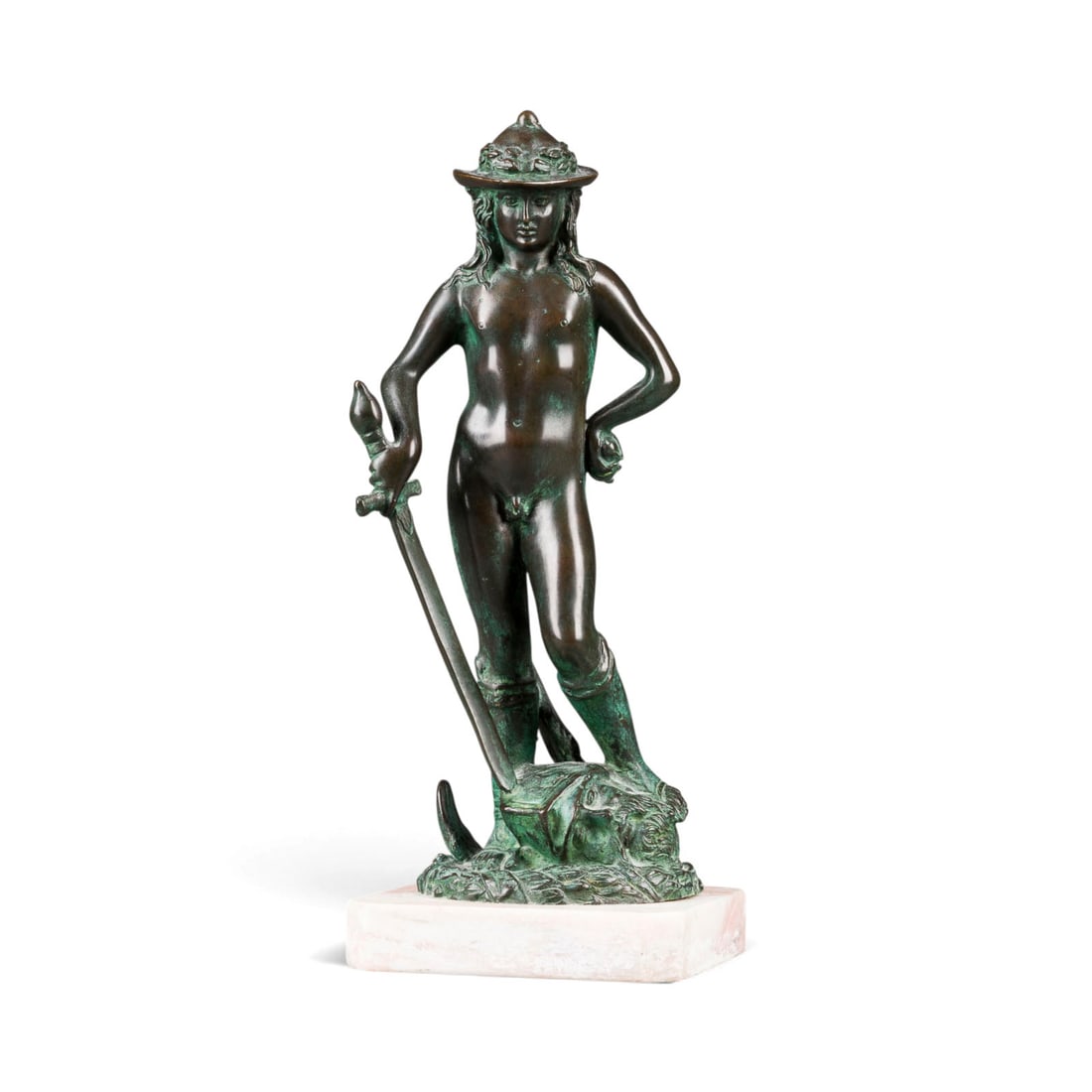 DONATELLO | DAVID MIT DEM HAUPT DES GOLIATH: DONATELLO 1386 Florence - 1466 ibid. (after) DAVID WITH THE HEAD OF GOLIATH Bronze, dark patina, on rectangular marble base (H. 2 cm). Total height 26, width 11, depth 10.5 cm. Smaller version of the 