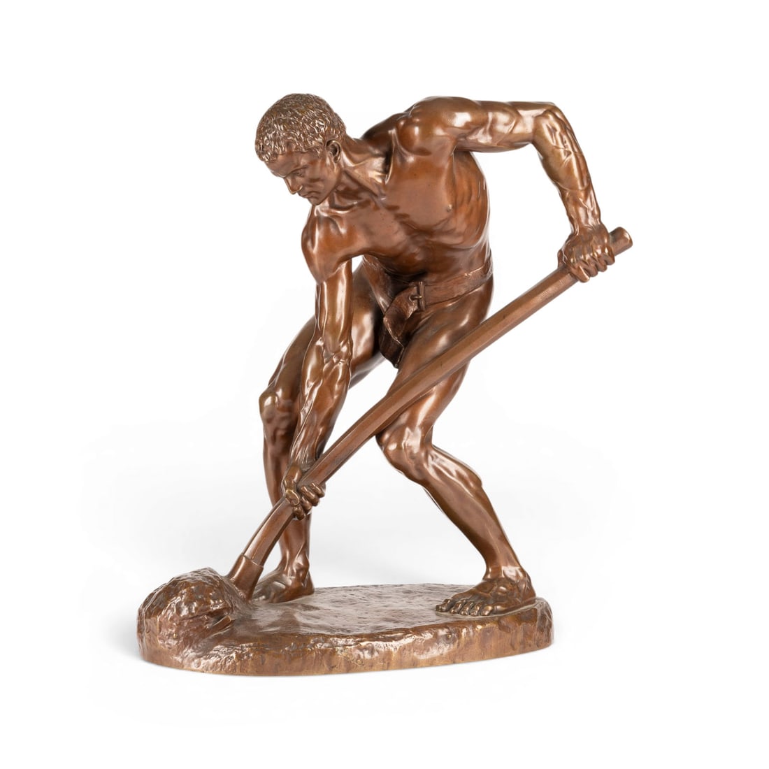 ALFRED BOUCHER | 'LE TERRASSIER' (ARBEITER MIT SCHAUFEL): ALFRED BOUCHER 1850 Nogent-sur-Seine - 1934 Aix-les-Bains 'LE TERRASSIER' (WORKER WITH SHOVEL) Bronze, brown patina, on an oval plinth. H. 41, W. 36, D. 18 cm; weight approx. 9.4 kg. Signed 'A. Bouche