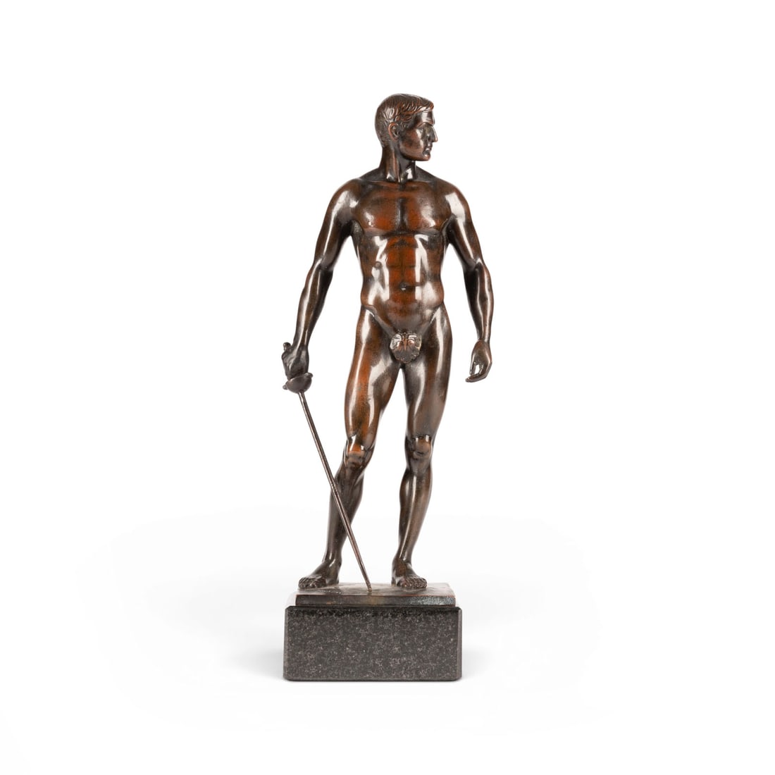 OSCAR BODIN | STEHENDER FECHTER: OSCAR BODIN 1868 Bliesransbach/Saar - 1940 (Active in Berlin) STANDING FENCER Electroformed bronze, dark patina, on a square plinth and marble base (H. 4.5 cm). Total H. 34, W. 12.5, D. 10 cm; weight 