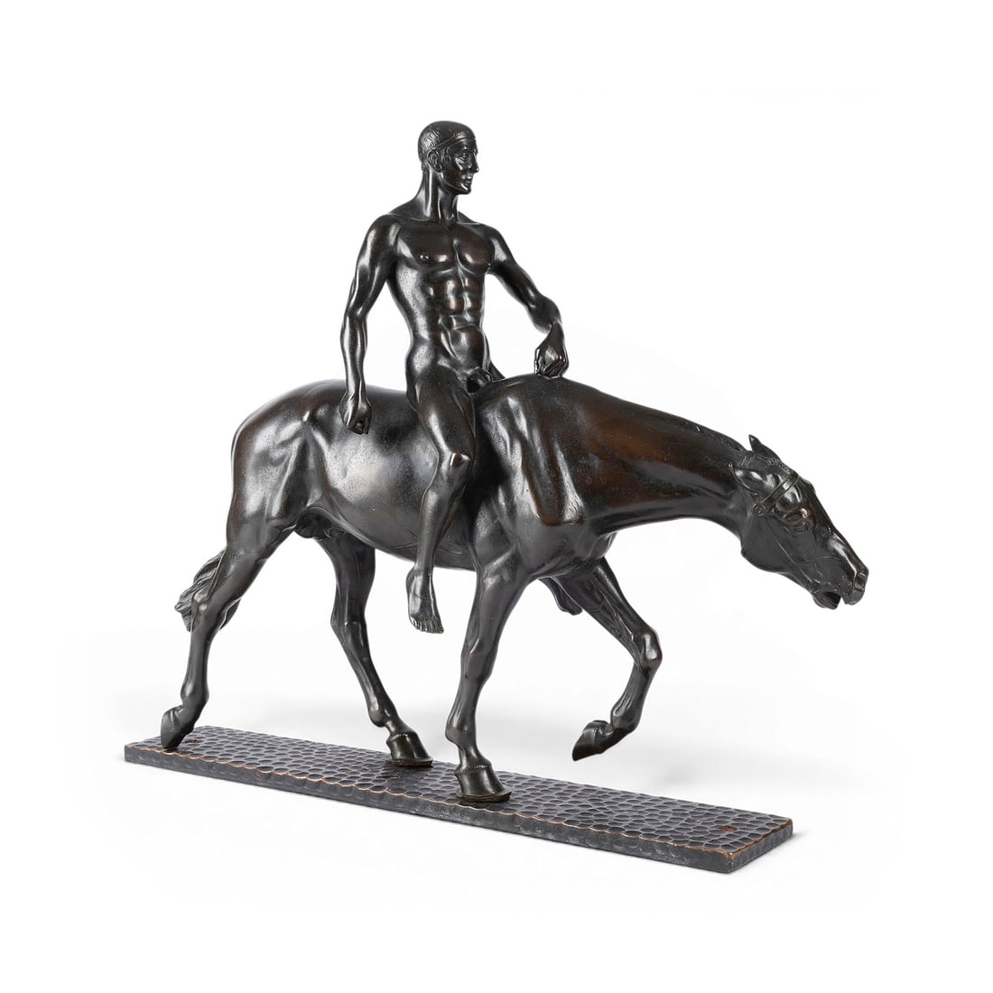 ALBERT HINRICH HUSSMANN | 'DER OLYMPIASIEGER': ALBERT HINRICH HUSSMANN 1874 Luedingworth - 1946 Fuerstenberg 'THE OLYMPIC VICTOR' Bronze, dark patina, on a rectangular plinth. Total height 50 cm, width 57 cm, depth 15 cm. Unsigned. Fully modeled n