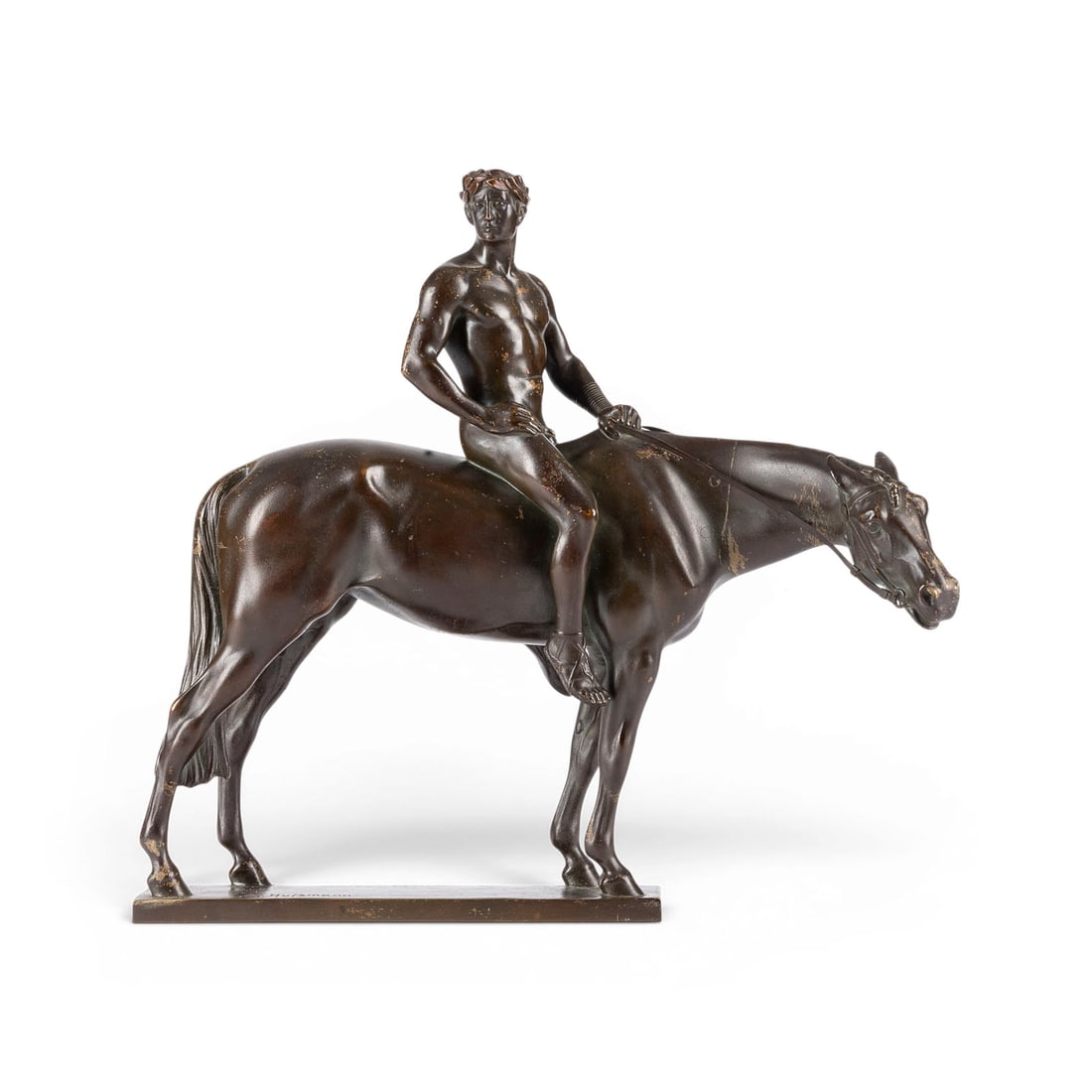 ALBERT HINRICH HUSSMANN | 'DER OLYMPIASIEGER': ALBERT HINRICH HUSSMANN 1874 Luedingworth - 1946 Fuerstenberg 'THE OLYMPIC VICTOR' Bronze, dark patina, on a rectangular plinth. H. 26.5, W. 28, D. 12.5 cm; weight approx. 3.91 kg. Inscribed 'A. Hussm