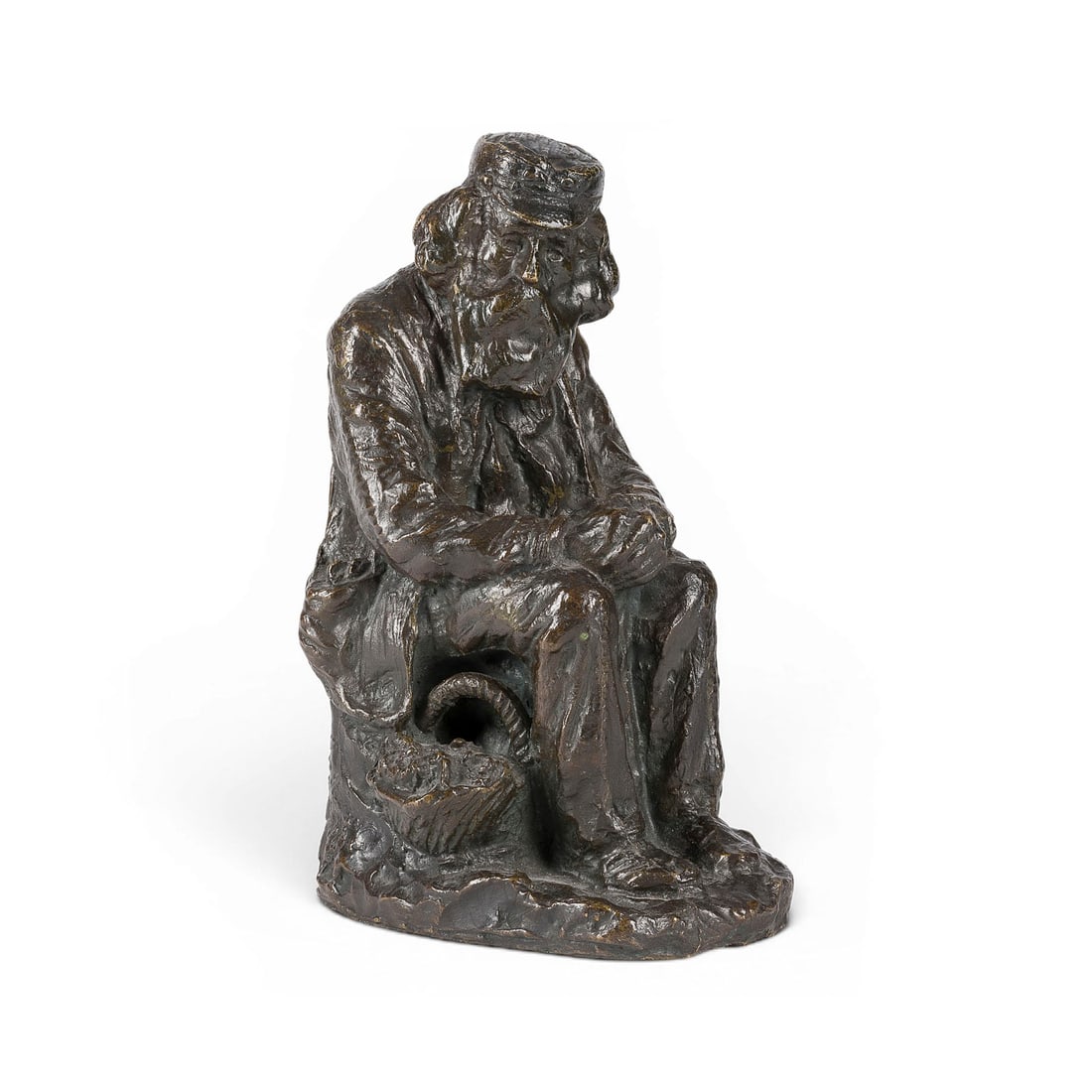 GEORGES LAETHIER (AUCH LA?THIER) | 'SITZENDER ALTER MANN MIT KORB': GEORGES LAETHIER (ALSO LA?THIER) 1875 Besan?on - 1955 Besan?on 'SEATED OLD MAN WITH BASKET' Bronze with dark patina. H. 29, W. 19, D. 14 cm; weight approx. 5.8 kg. Signed 'Laethier G' on the side and 