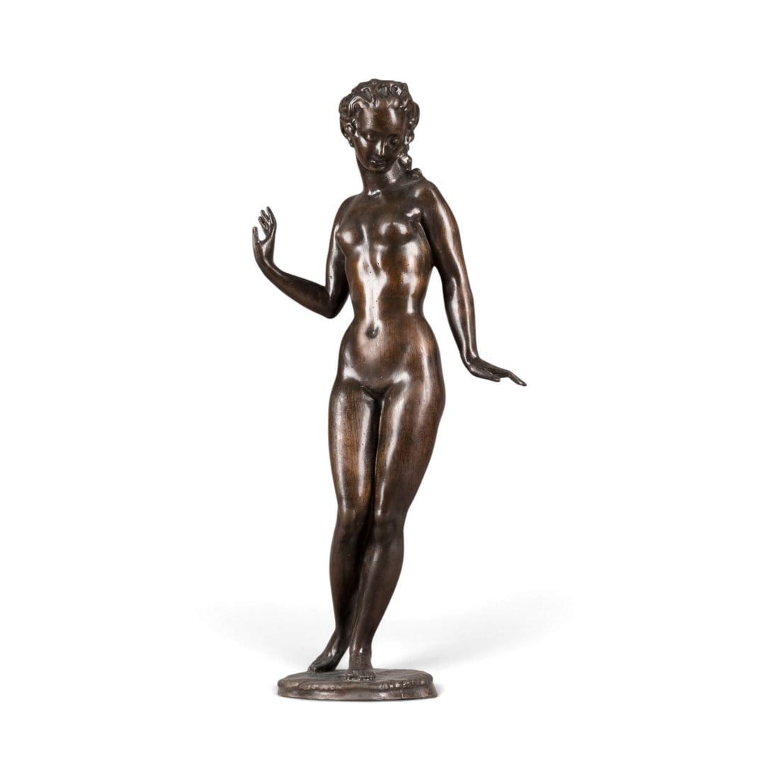 UNBEKANNTER BILDPLASTIKER | STEHENDER FRAUENAKT: UNKNOWN SCULPTOR Active in the early 20th century STANDING FEMALE NUDE Bronze, dark patina, on round plinth (H. 1.5 cm). Total H. 43, W. 21.5, D. 10 cm, weight approx. 4.31 kg. Partial loss of patina 