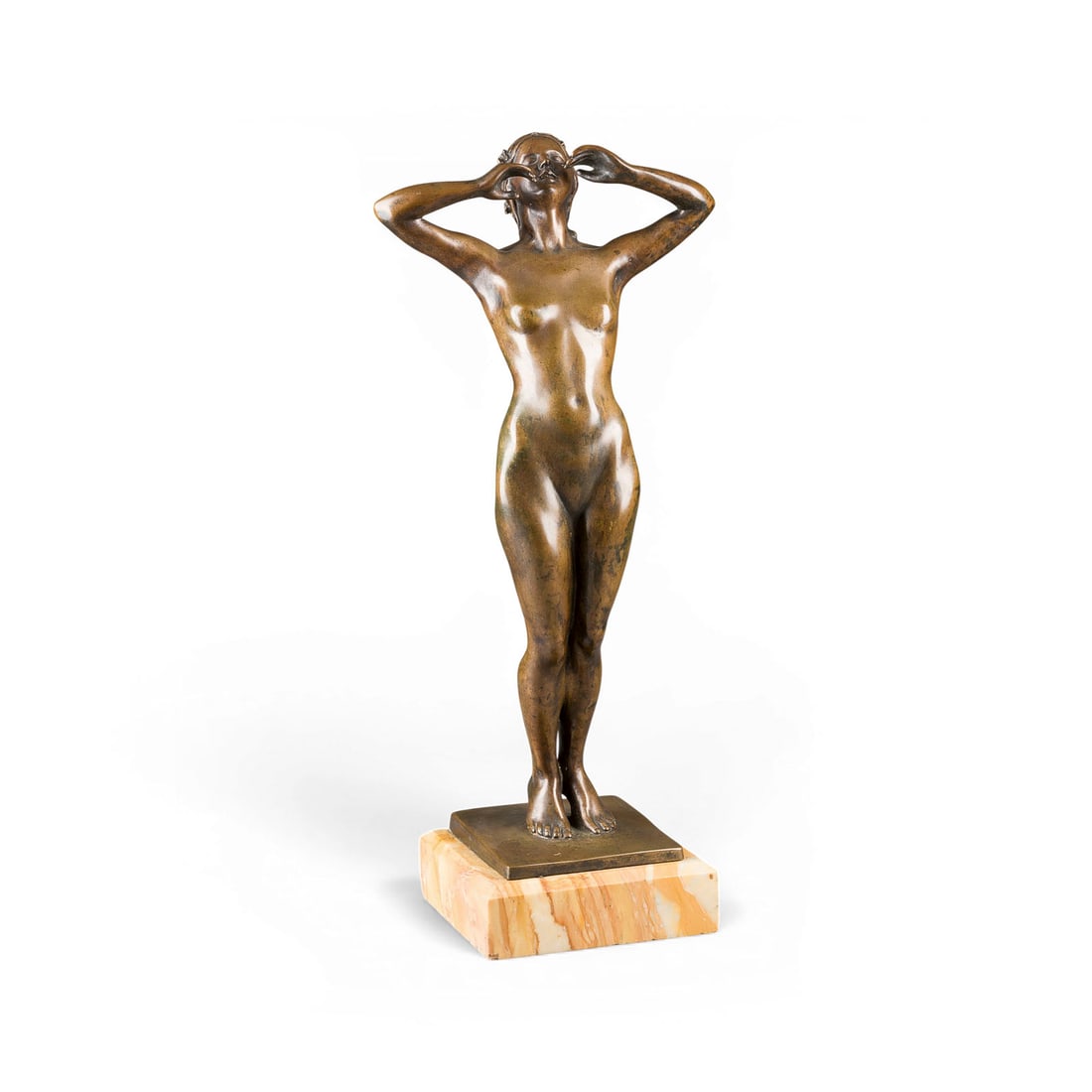 IDA NESNERA | 'DER RUF' (STEHENDER FRAUENAKT): IDA NESNERA 1884 Hungary - 1945 'THE CALL' (STANDING FEMALE NUDITY) Bronze, brown patina, on square plinth and marble base (H. 5 cm). Total height 57, width 24.5, depth 17.5 cm, weight approx. 12.44 k