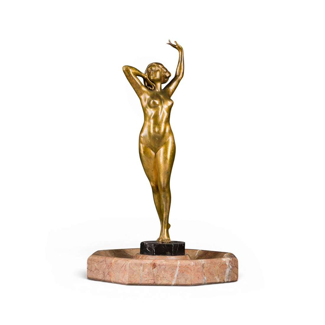 PAUL PHILIPPE | FRAUENAKT: PAUL PHILIPPE 1870 Thorn - 1930 Paris FEMALE NUDE Bronze, gilt patina, mounted on a marble base. Total height 40.5 cm, width 24 cm, depth 23.5 cm, weight approx. 5.6 kg. Signed 'P. Philippe' on the pl