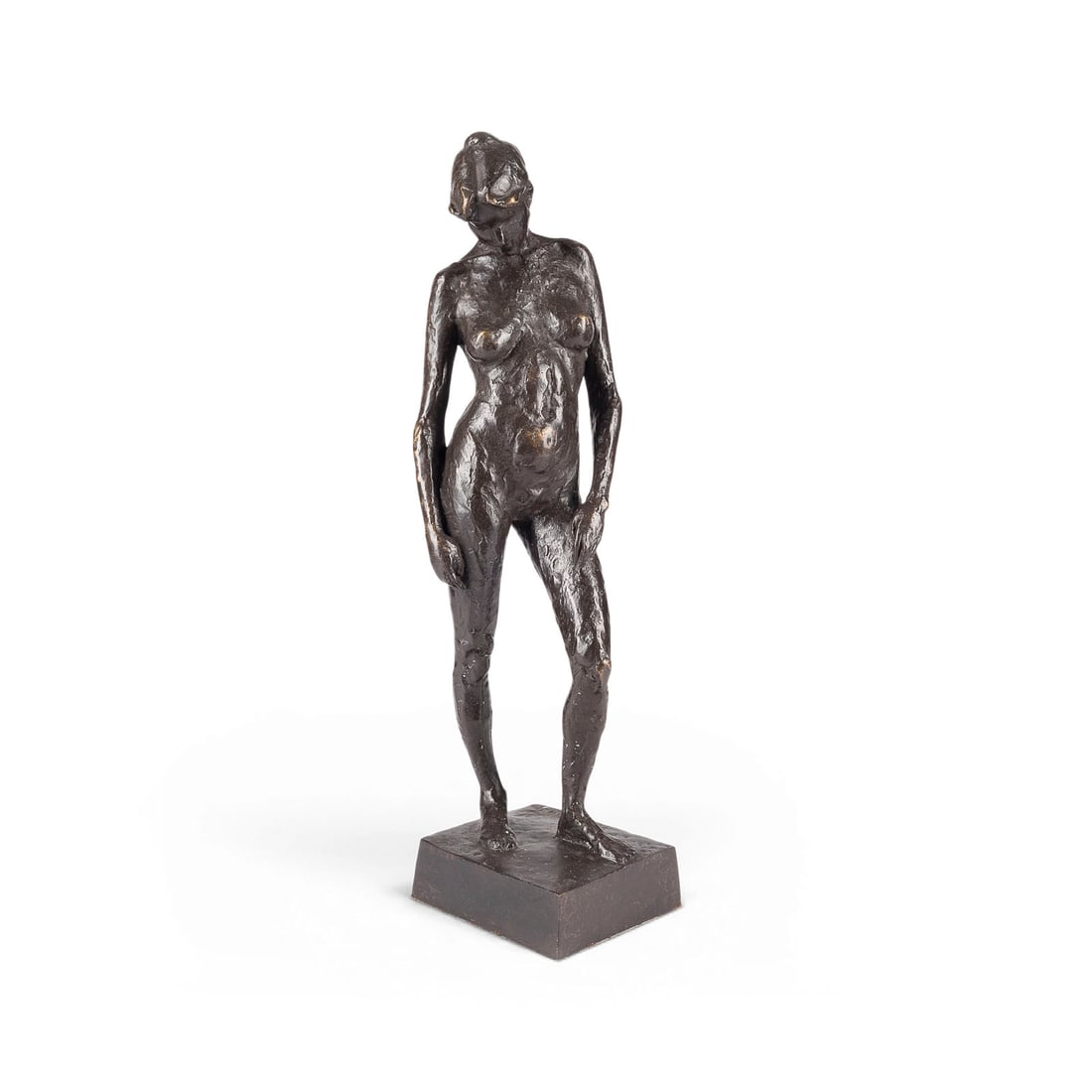 UNBEKANNTER BILDPLASTIKER | STEHENDER FRAUENAKT: UNKNOWN SCULPTOR Active 20th century STANDING FEMALE NUDE Bronze, dark patina, on a square base (H. 4 cm). Total H. 45, W. 12, D. 14 cm; weight approx. 3.81 kg. Inscribed on the back: 'V. Olvien?' / '