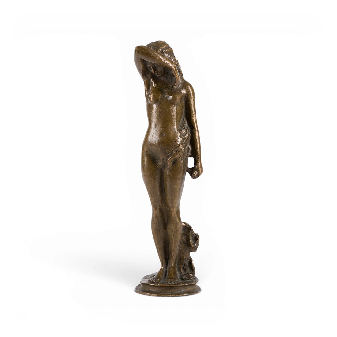 UNBEKANNTER BILDPLASTIKER | STEHENDER FRAUENAKT (KLAGENDE NYMPHE): UNKNOWN SCULPTOR Active early 20th century STANDING FEMALE NUDE (LAMENTING NYMPH) Bronze, brown patina, on an oval plinth. H. 25.5, W. 8, D. 7.5 cm; weight approx. 2.25 kg. Unsigned. Allegorical depic