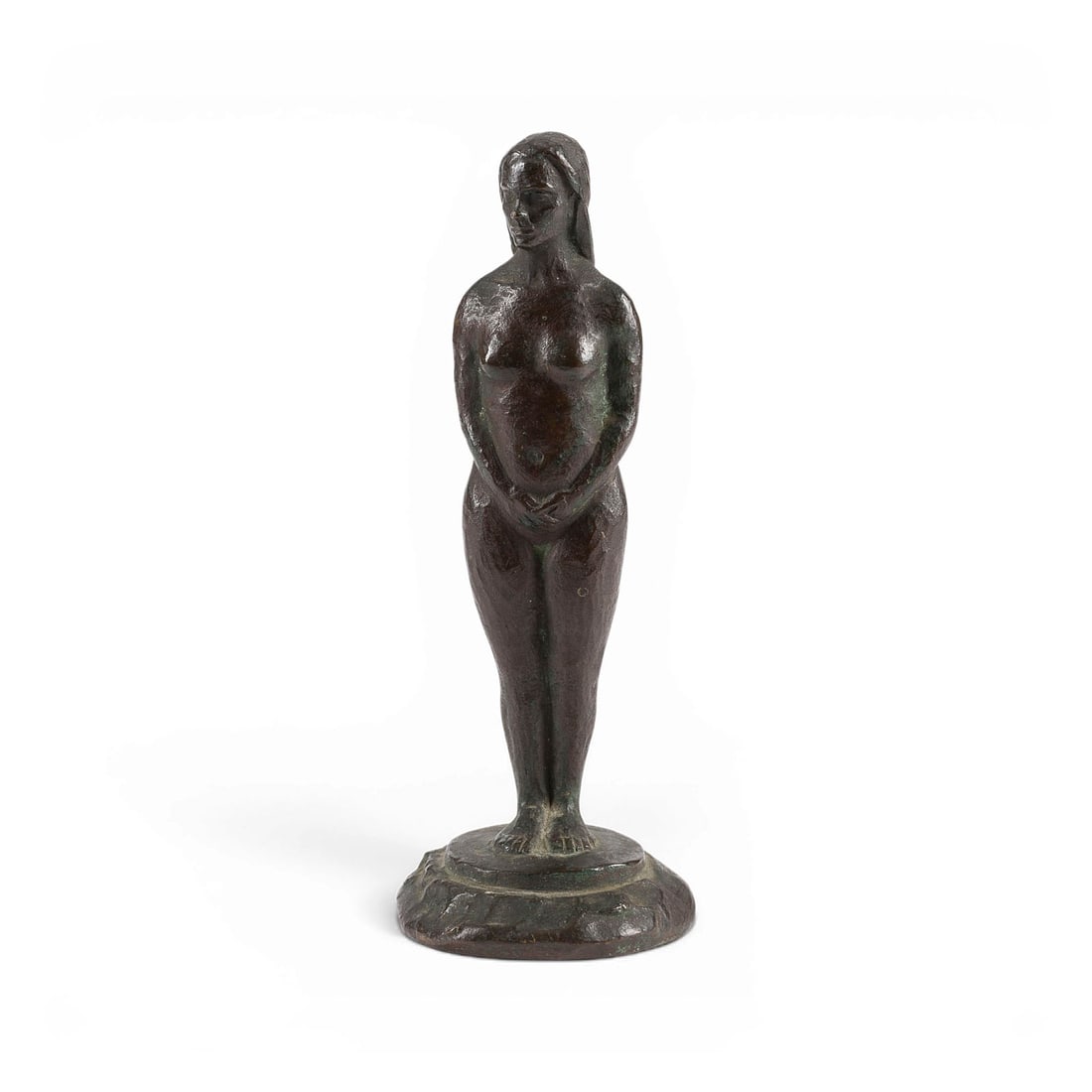 DEUTSCHER BILDPLASTIKER 'SCHWAN' | KLEINER STEHENDER FRAUENAKT: GERMAN SCULPTOR 'SCHWAN' Active early 20th century SMALL STANDING FEMALE NUDE Bronze, dark patina. H. 14 cm, diam. 5.5 cm, weight approx. 0.33 kg. Inscribed 'SCHWAN' on the back; presumably Theodor or