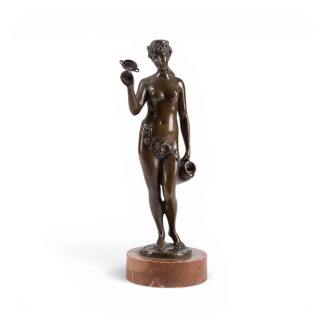 FRANZ IFFLAND | 'STEHENDE BACCHANTIN': FRANZ IFFLAND 1862 Berlin - 1935 Berlin 'STANDING BACCHANTE' Bronze, brown patina, on a round plinth and marble base (H. 2.5 cm). Total H. 22 cm, W. 8.5 cm, D. 8 cm; weight approx. 1.14 kg. Inscribed 