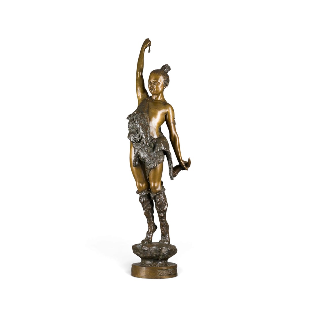 CARL FRIEDRICH AUGUST PIPER | STEHENDE KRIEGERIN: CARL FRIEDRICH AUGUST PIPER 1856 Germany - 1914 STANDING WARRIOR Bronze, brown patina, on a naturalistic plinth. Overall h. 97, w. 19, d. 20 cm. Signed 'C.F.A. Piper' and foundry mark 'Hofbildgiesser 