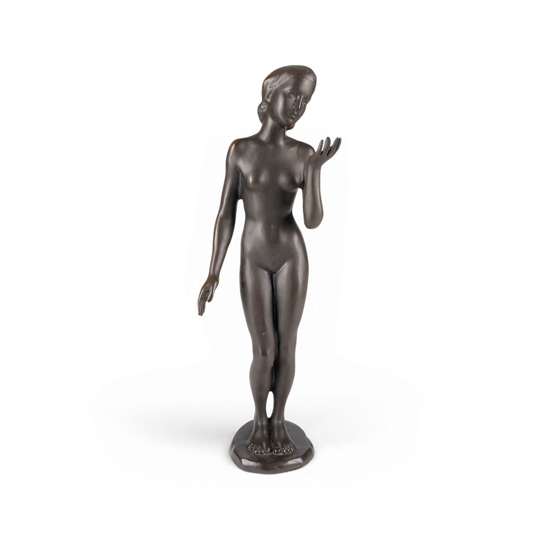 THEODOR EICHLER | STEHENDER FRAUENAKT: THEODOR EICHLER 1868 Oberspaar - 1946 Meissen STANDING FEMALE NUDE c. 1900 Bronze, dark patina, on a plinth. H. 51.5, W. 18, D. 14 cm. Unsigned. Partially bumped and rubbed, loss of patina.THEODOR EIC