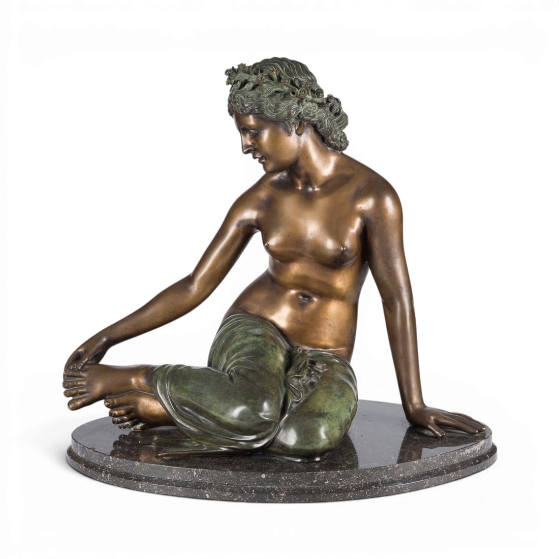FRANCOIS JOSEPH BOSIO | 'LA NYMPHE SALMACIS': FRANCOIS JOSEPH BOSIO 1768 Monaco - 1845 Paris (after) 'LA NYMPHE SALMACIS' Bronze with brown patina, on an oval marble base (H. 5 cm). Total H. 61, W. 66, D. 40 cm. Unsigned; based on the design by B