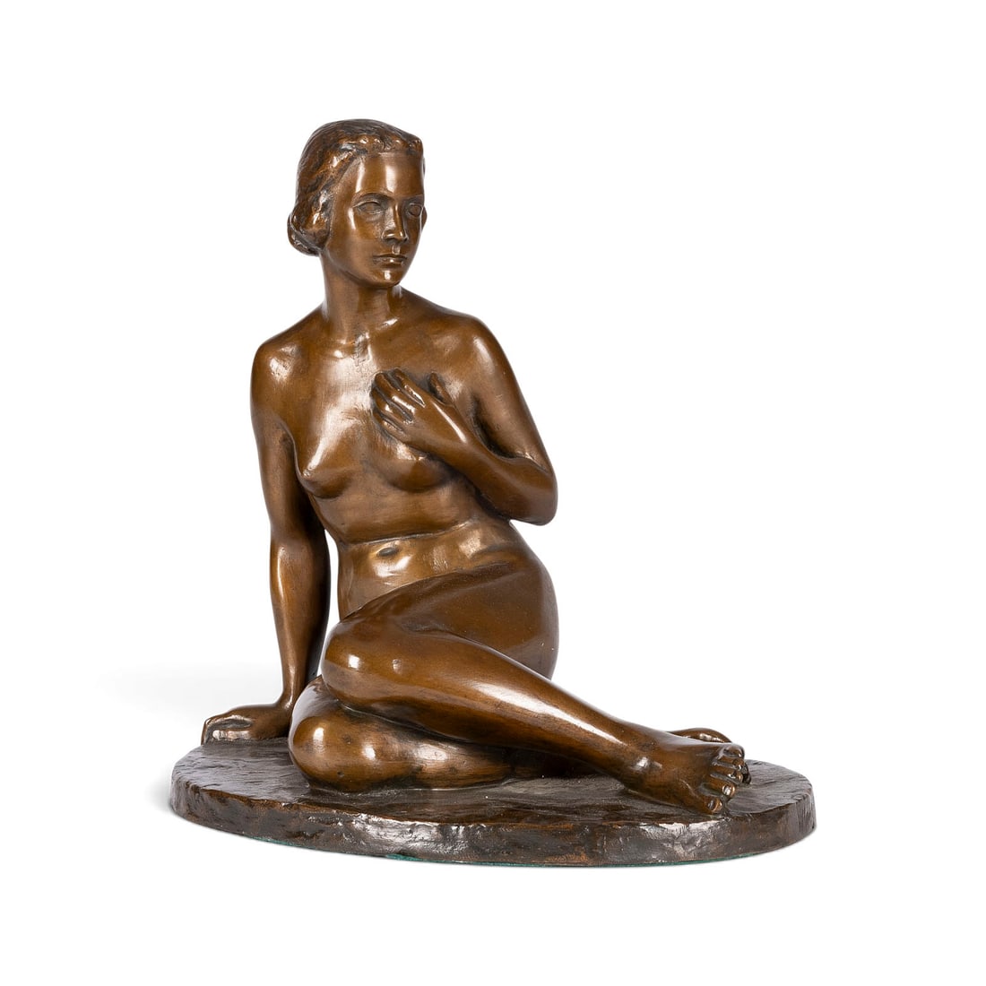 DEUTSCHER BILDPLASTIKER | SITZENDER FRAUENAKT: GERMAN SCULPTOR Active early 20th century SEATED FEMALE NUDE Bronze, brown patina, on an oval plinth. H. 30.5, W. 29, D. 23 cm; weight approx. 8 kg. Illegibly signed on the back. Areas of rubbing and 