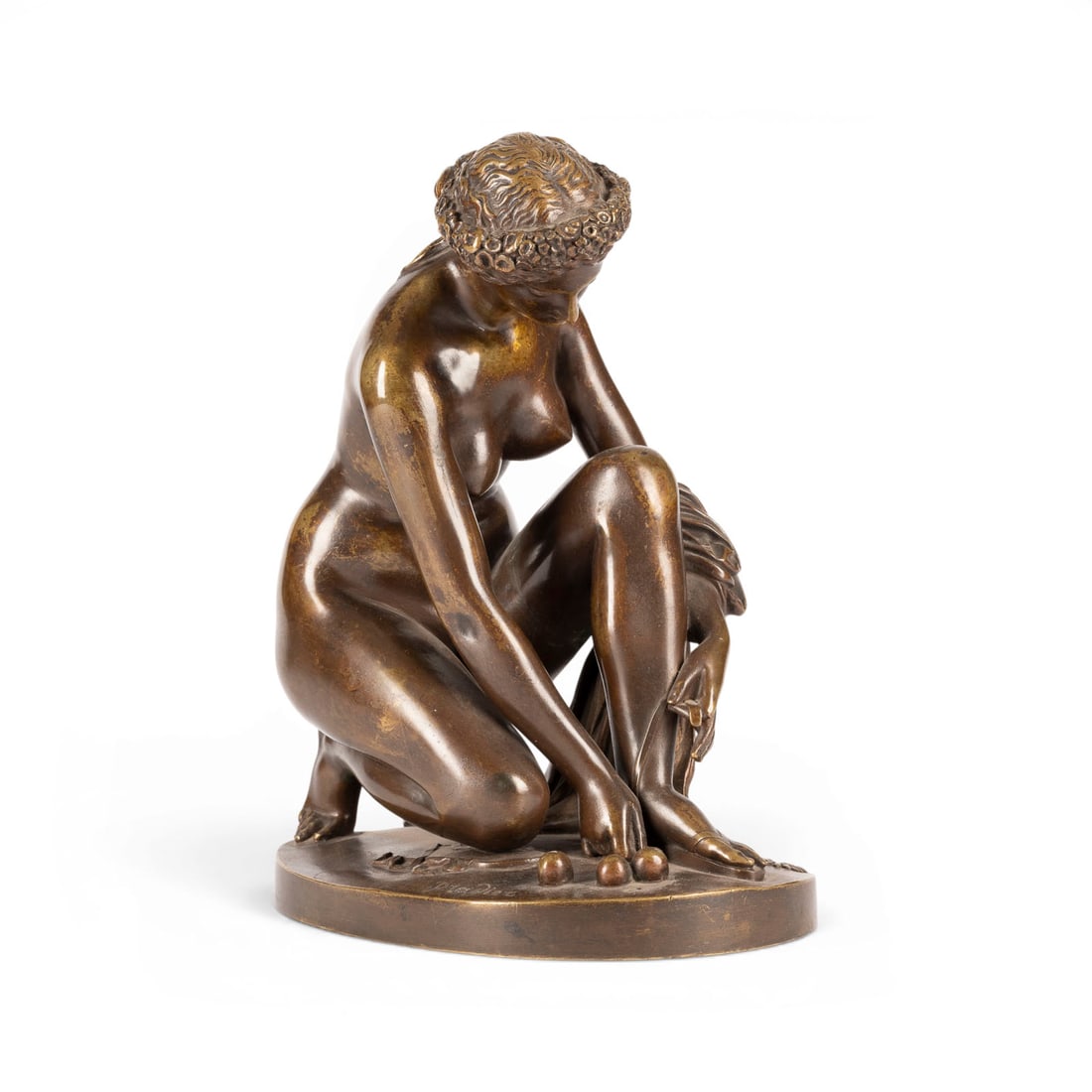 JAMES PRADIER | RUEIL 'LA TOILETTE D' ATALANTE': JAMES PRADIER 1792-1852 'ATALANTA AT HER TOILET' (LA TOILETTE D'ATALANTE) Bronze with brown patina, set on an oval, naturalistic plinth. H. 23, W. 19, D. 13.5 cm; weight approx. 3.84 kg. Inscribed 'Pr