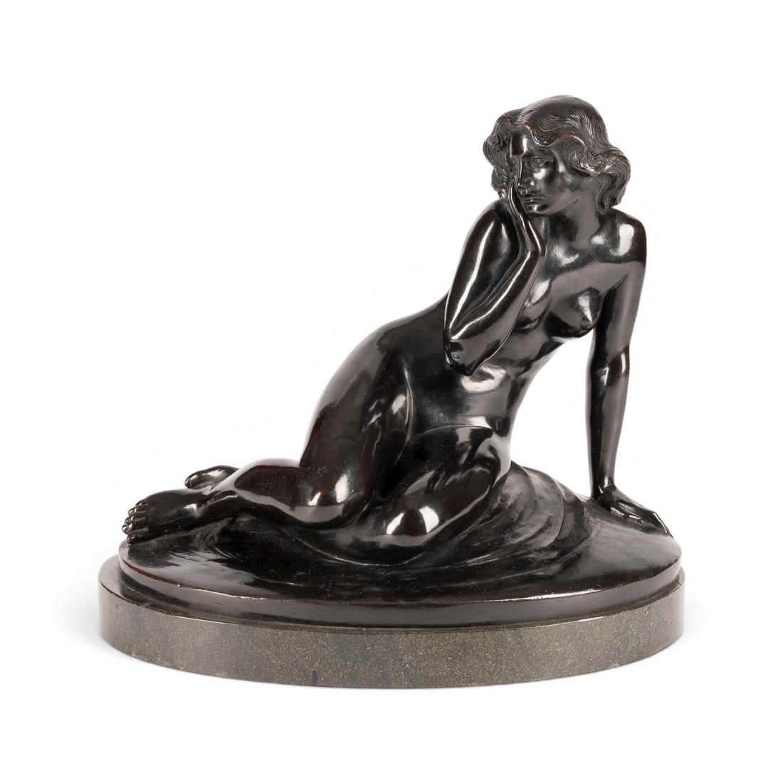 LUDWIG DASIO | HOCKENDER FRAUENAKT: LUDWIG DASIO 1871-1932 SEATED FEMALE NUDE 1915 Bronze, black patina, on an oval plinth and marble base (height 3.5). Total height 31.5, width 35, depth 25 cm. Inscribed 'Ludw Dasio' and dated '1915' o