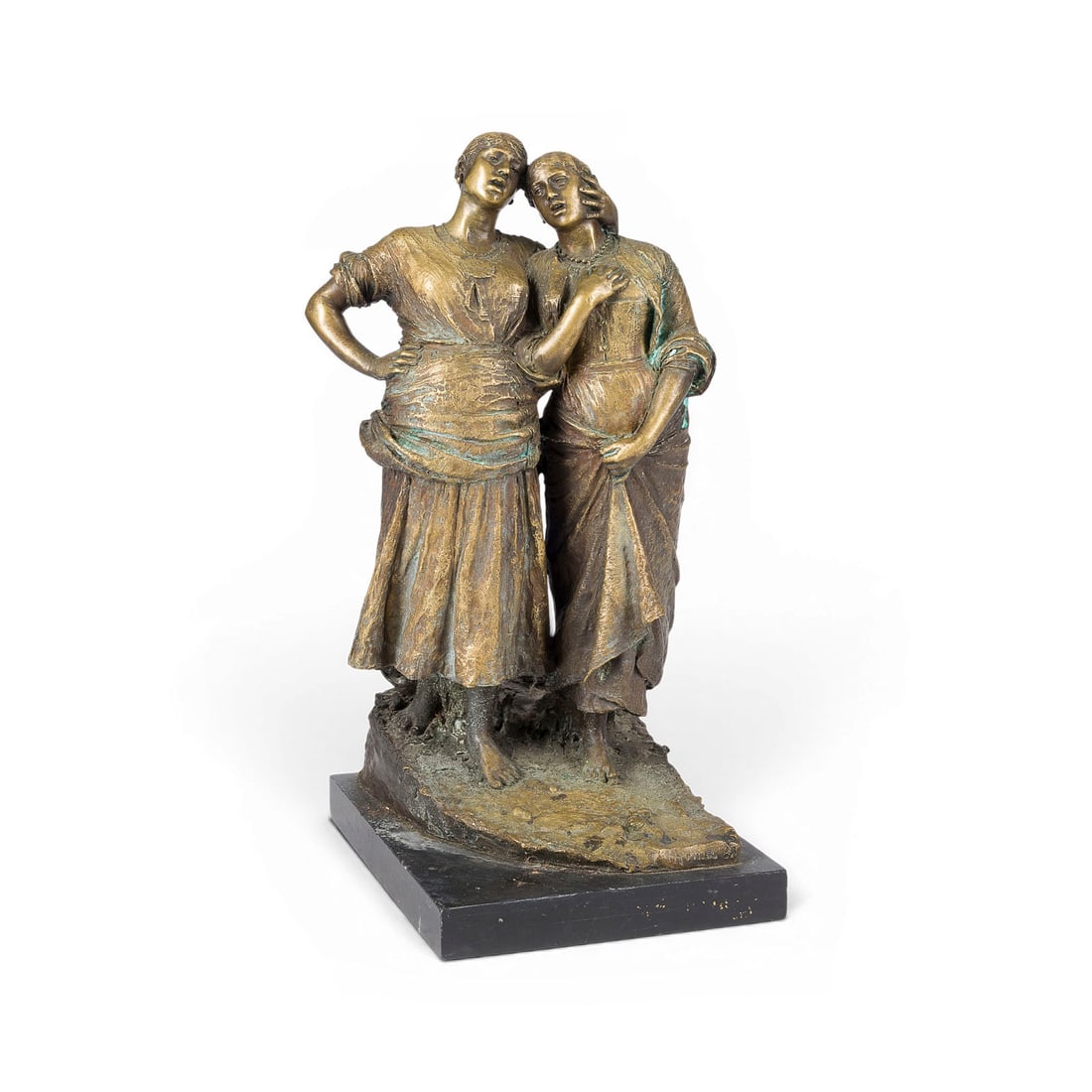 CONSTANTINO BARBELLA | ARMONIA / CANTO D'AMORE: CONSTANTINO BARBELLA 1853 Chieti - 1925 Rome ARMONIA / CANTO D'AMORE Rome, 1883 Bronze with gold patina, set on a naturalistic plinth and a rectangular marble base. H. 33, W. 18, D. 20.5 cm. Signed