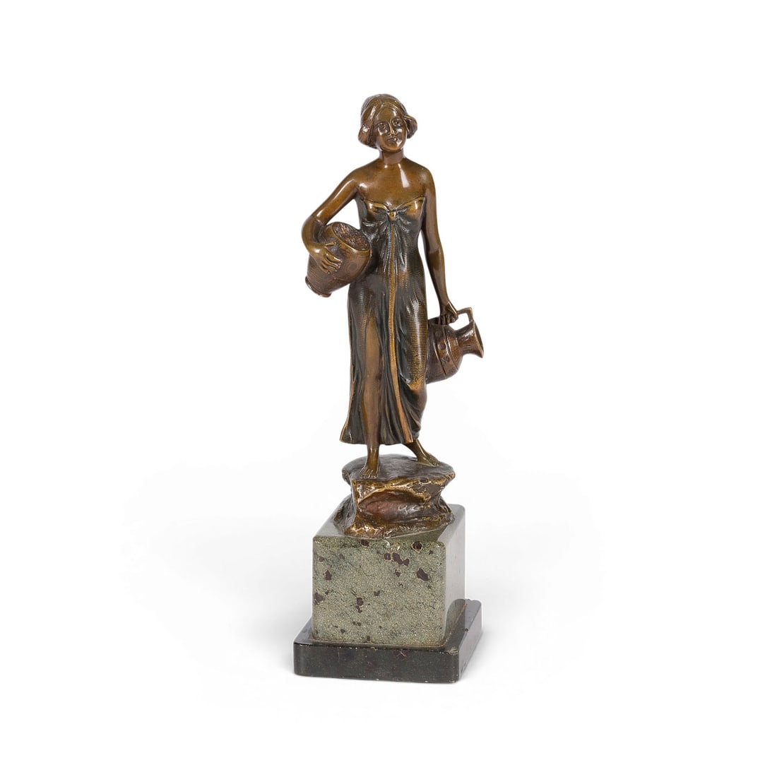 PHILIPP E. HAMBURGER | FRAU MIT ZWEI KRUeGEN: PHILIPP E. HAMBURGER German sculptor, active c. 1910/1920 WOMAN WITH TWO PITCHERS Bronze, brown patina, on a base (H. 5 cm). Total H. 19.5, W. 7, D. 6 cm, weight approx. 0.75 kg. Inscribed on the