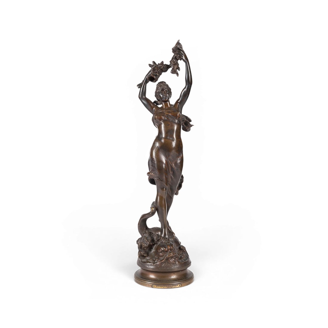 ADRIEN ETIENNE GAUDEZ | 'TRESORS DES MERS': ADRIEN ETIENNE GAUDEZ 1845 Lyon - 1902 Neuilly-sur-Seine 'TRESORS DES MERS' Bronze, brown patina. H. 57, W. 17, D. 16 cm; weight approx. 6.5 kg. Titled 'Tresors des Mers' on the front; inscribed 'A.