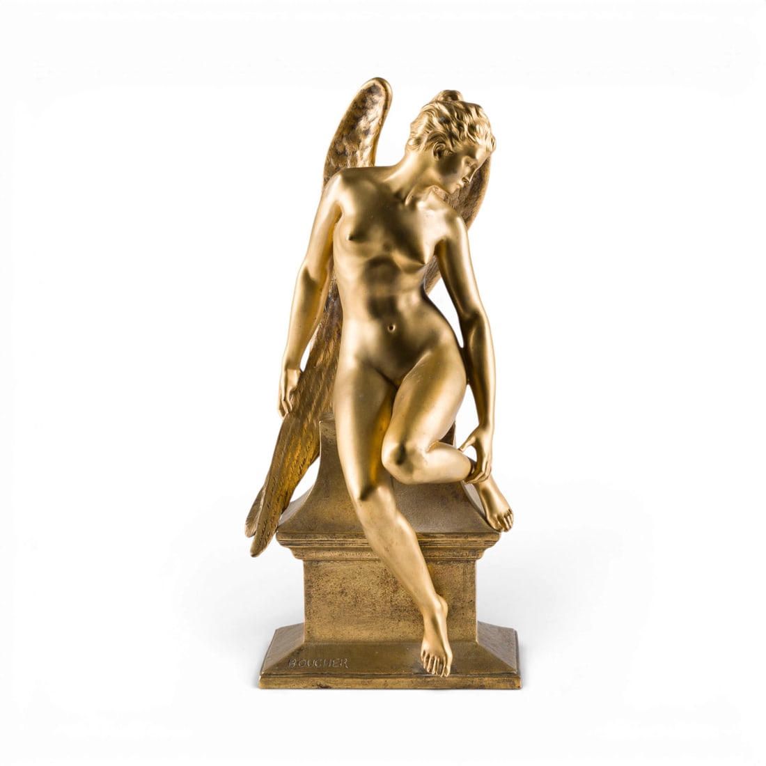 ALFRED BOUCHER | 'L'HIRONDELLE BLESSEE' (AUCH PSYCHE): ALFRED BOUCHER 1850 Nogent-sur-Seine - 1934 Aix-les-Bains 'L'HIRONDELLE BLESSEE' (ALSO KNOWN AS 'PSYCHE') France, probably around 1920 Gilded bronze, on a stepped pedestal. H. 45, W. 19, D. 21 cm,