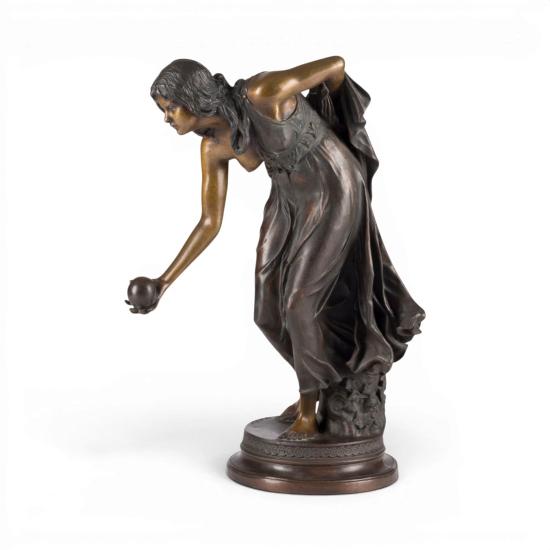 WALTER SCHOTT | KUGELSPIELERIN: WALTER SCHOTT 1861 Ilsenburg - 1938 Berlin GIRL PLAYING WITH A BALL Bronze, dark and brown patina, on a round plinth. H. 34.5, W. 25, D. 15.5 cm; weight approx. 8.3 kg. Illegibly inscribed on the