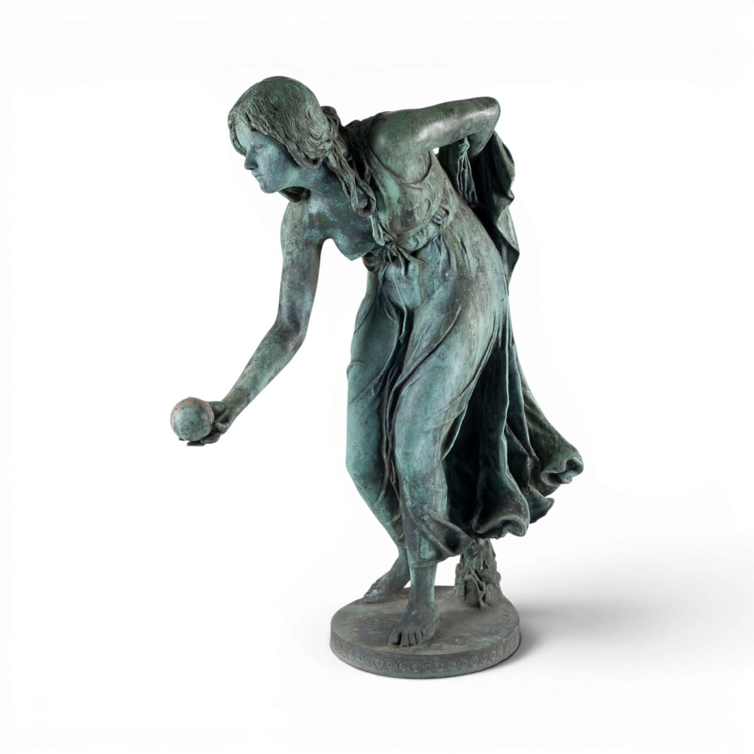 WALTER SCHOTT | GROSSE KUGELSPIELERIN: WALTER SCHOTT 1861 Ilsenburg - 1938 Berlin LARGE BALL PLAYER Berlin, designed 1897 Bronze, dark patina, on a round plinth. H. 75.5, W. 53, D. 26 cm; weight approx. 35 kg. Signed 'Walter Schott fec.'