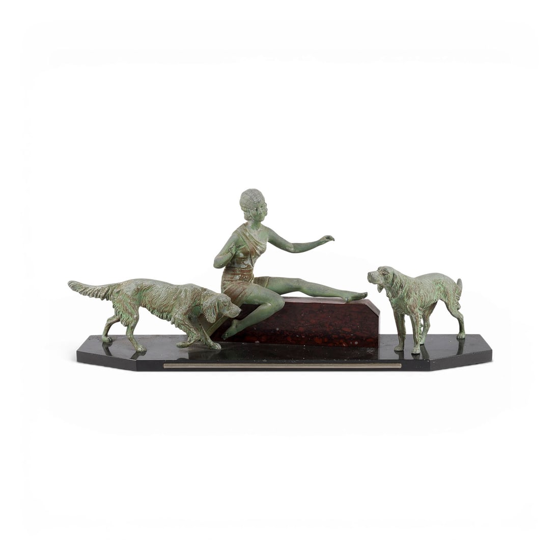 FRANZOeSISCHER BILDPLASTIKER | 'JUNGE FRAU MIT ZWEI HUNDEN': FRENCH SCULPTOR Active 20th century 'YOUNG WOMAN WITH TWO DOGS' Cast metal with greenish bronze-tone patina, on a polygonal marble base. H. 28, W. 66, D. 17 cm. Unsigned. Large Art Deco sculptural