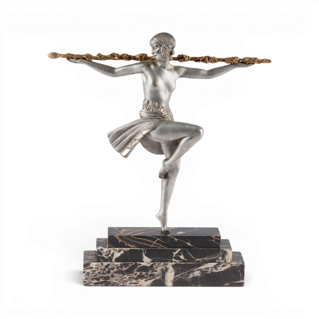 PIERRE LE FAGUAYS | 'DANSEUSE AU THYRSE': PIERRE LE FAGUAYS 1892 Nantes - 1962 Paris (after) 'DANSEUSE AU THYRSE' Bronze with silver and partial gold patina, on a stepped marble base (H. 6 cm). Total H. 28, W. 24, D. 6 cm; weight approx. 2 kg