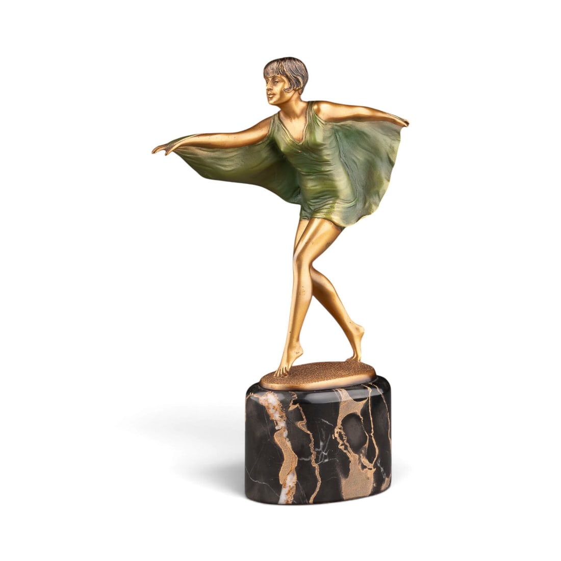 FRANZ IFFLAND | JUGENDSTIL TAeNZERIN: FRANZ IFFLAND 1862 Berlin - 1935 ibid ART NOUVEAU DANCER Bronze, golden patina, polychrome painted, green onyx, on an oval plinth and marble base (h. 5.5 cm). Overall h. 23 w. 15, d. 5.5 cm, weight ap