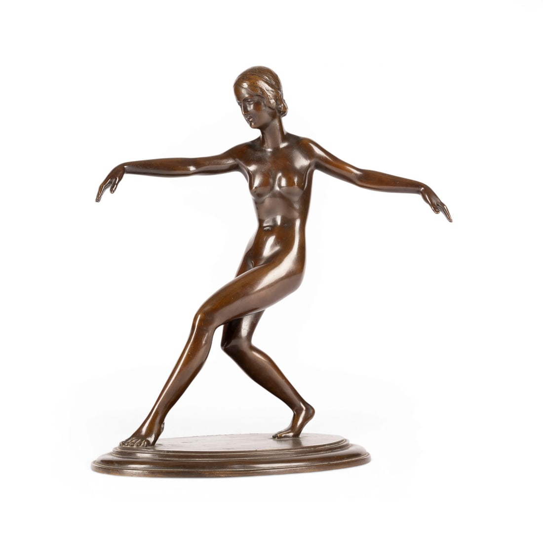 HERMANN LEIPOLD | ART DECO TAeNZERIN: HERMANN LEIPOLD 1884 Lauscha - 1956 Munich ART DECO DANCER Bronze, dark brown patina, on an oval plinth. H. 36, W. 24.5, D. 18 cm; weight approx. 4 kg. Inscribed 'H. Leipold' on the plinth. Fully mode