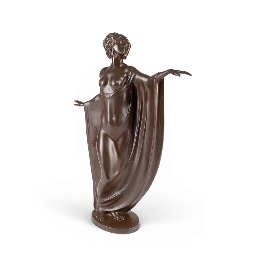 THEODOR STUNDL | ART DECO TAeNZERIN: THEODOR STUNDL 1875 Maribor/Slovenia - 1934 Hohenberg/Austria ART DECO DANCER Bronze, brown patina, on an oval plinth. H. 48, W. 36, D. 13 cm; weight approx. 4.62 kg. Signed 'Th. Stundl' on the plinth