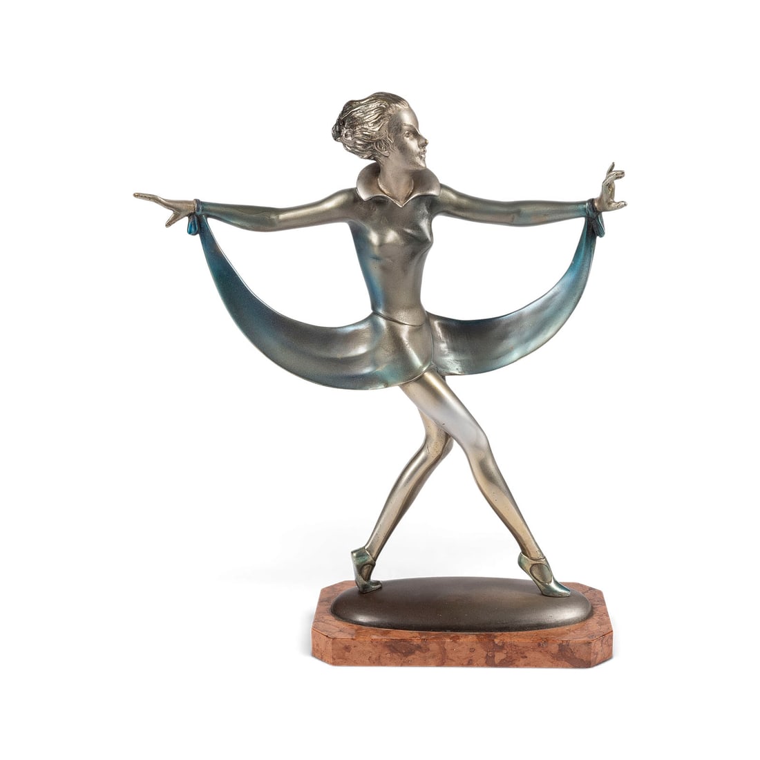 JOSEF LORENZL | ART DECO TAeNZERIN: JOSEF LORENZL 1892 Vienna - 1950 Vienna ART DECO DANCER Bronze with silver and slight blue patina, on an oval plinth and marble base (H. 2.5 cm). Total H. 36, W. 30, D. 10 cm; weight approx. 4.5 kg. S