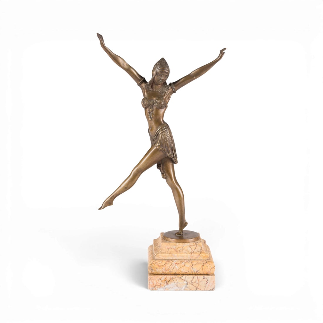 FRANZOeSISCHER BILDPLASTIKER | ART DECO TAeNZERIN: FRENCH SCULPTOR Active early 20th century ART DECO DANCER Bronze, dark patina, on a round plinth and stepped marble base (H. 7 cm). Total H. 37, W. 17, D. 10 cm; weight approx. 2.79 kg. Unsigned, in t
