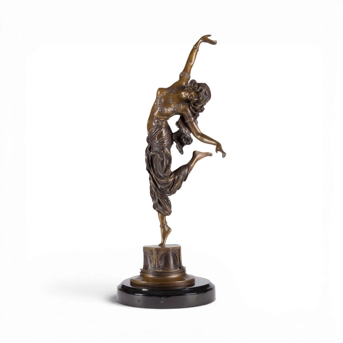 CLAIRE JEANNE ROBERTE COLINET | 'DANSEUSE D'ANKARA' (TAeNZERIN): CLAIRE JEANNE ROBERTE COLINET 1880 Brussels - 1950 Asnieres-sur-Seine 'DANSEUSE D'ANKARA' (DANCER) Bronze with brown patina, mounted on an integral plinth and a round marble base (H. 3.5 cm). Total he