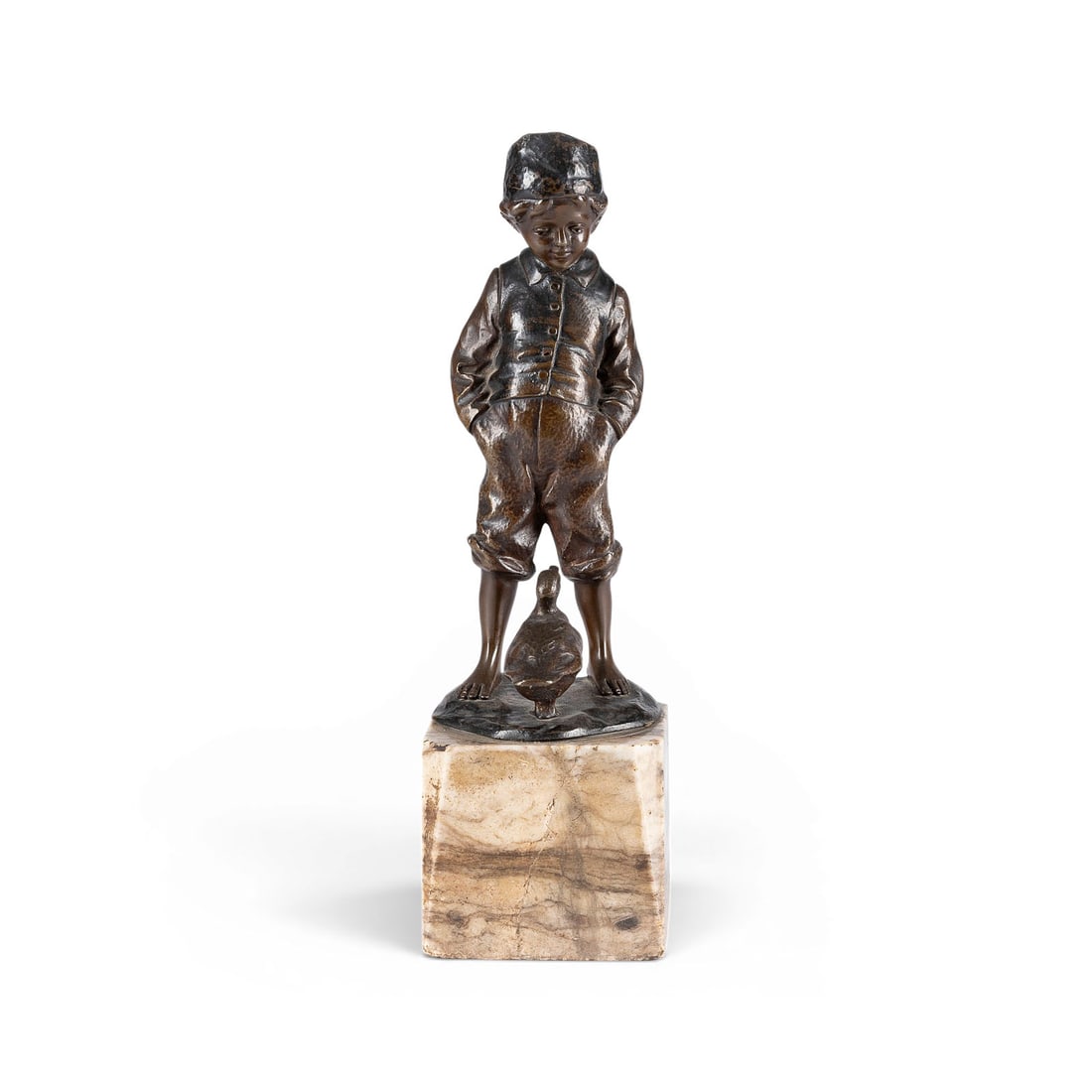 JULIUS PAUL SCHMIDT-FELLING | 'GAeNSEJUNGE': JULIUS PAUL SCHMIDT-FELLING 1835 Berlin - 1920 'GOOSE BOY' Bronze, dark patina, on a naturalistic plinth and square marble base (height 7.5 cm). Total height 27.5 cm, width 8 cm, depth 8.5 cm; weight 