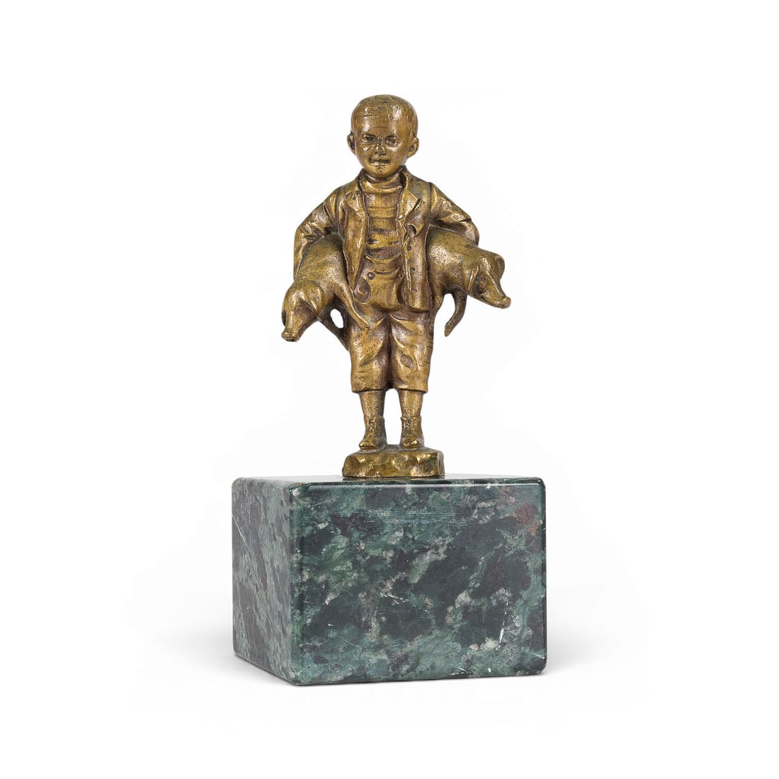 JULIUS PAUL SCHMIDT-FELLING | 'KNABE MIT ZWEI FERKELN': JULIUS PAUL SCHMIDT-FELLING 1835 Berlin - 1920 'BOY WITH TWO PIGLETS' Bronze with gold patina, on a round plinth and marble base (H. 5 cm). Total H. 15, W. 6.5, D. 6.5 cm; weight approx. 0.83 kg. Unsi
