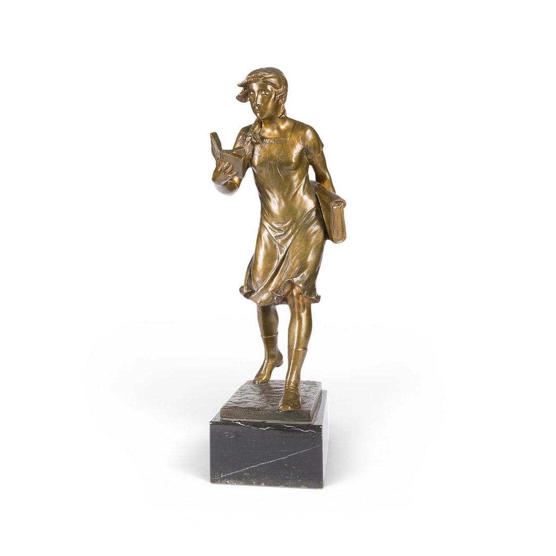 GERHARD ADOLF JANENSCH | 'LESENDES SCHULMAeDCHEN': GERHARD ADOLF JANENSCH 1860 Zamborst/Pomerania - 1933 Berlin 'SCHOOLGIRL READING' Bronze with gold patina, on a rectangular plinth and marble base (height 11 cm). Total height approx. 69 cm. Signed 'P