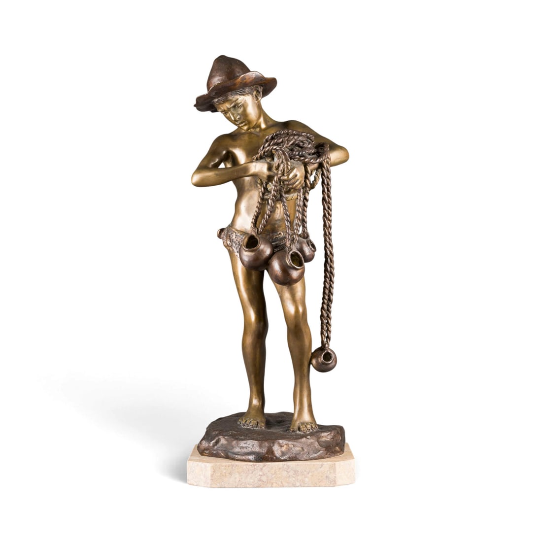 ACHILLE D'ORSI | FISCHERJUNGE MIT KRUeGEN: ACHILLE D'ORSI 1845 Naples - 1929 ibid. FISHERBOY WITH JARS Bronze, gilded and dark patinated, on a rock-like plinth and marble base (H. 3 cm). Total H. 57, W. 23, D. 24 cm, weight approx. 12.65 kg. M